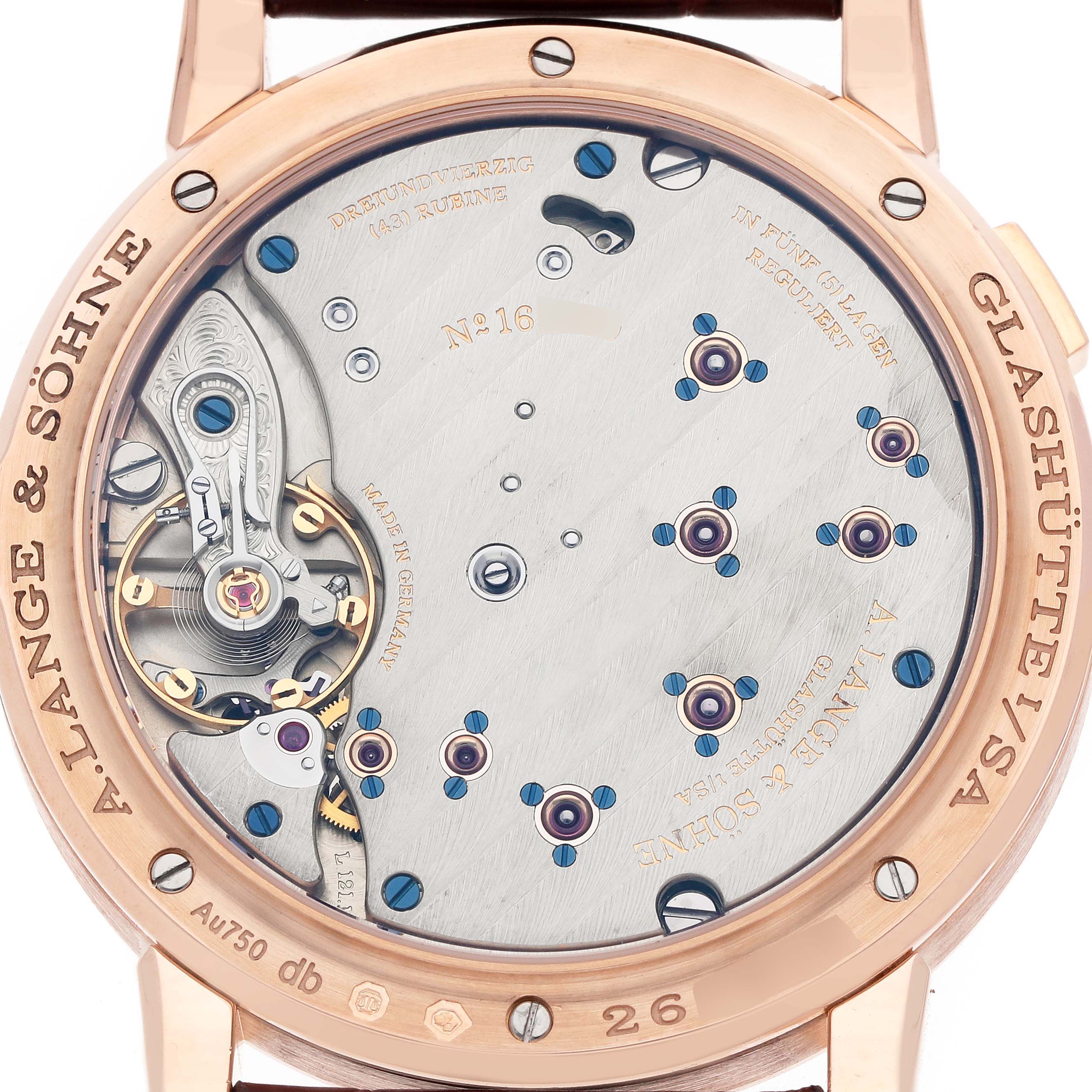 The image shows the back of the A. Lange 
Sohne Lange 1 191.032 Men
s Rose Gold Silver Dial, highlighting the movement and craftsmanship details.