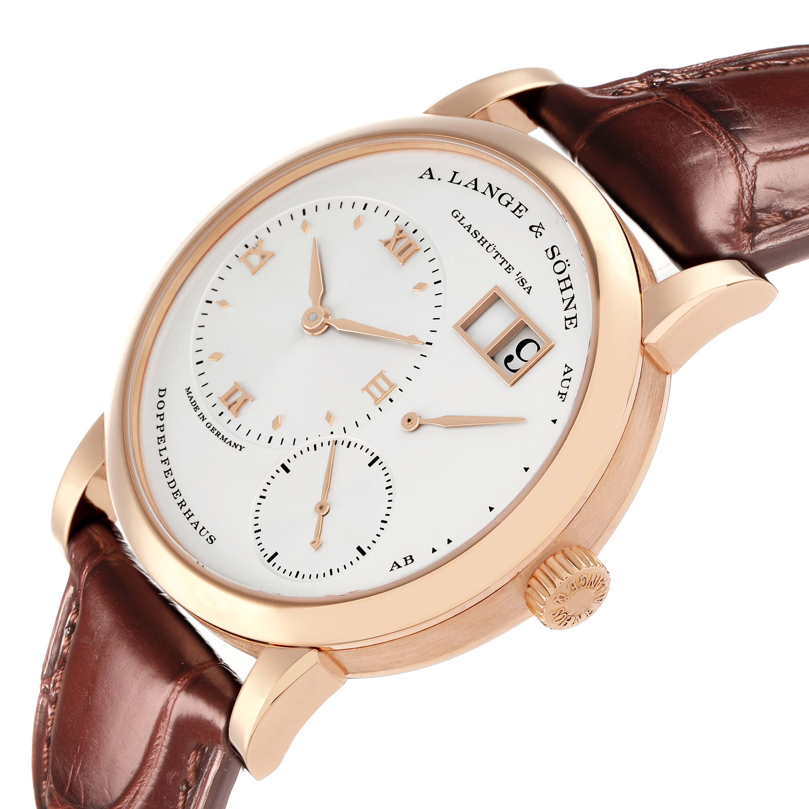 The A. Lange 
Sohne Lange 1 191.032 Men
s Rose Gold Silver Dial watch is shown at a slight side angle, displaying the face, hands, subdials, date window, and crown.