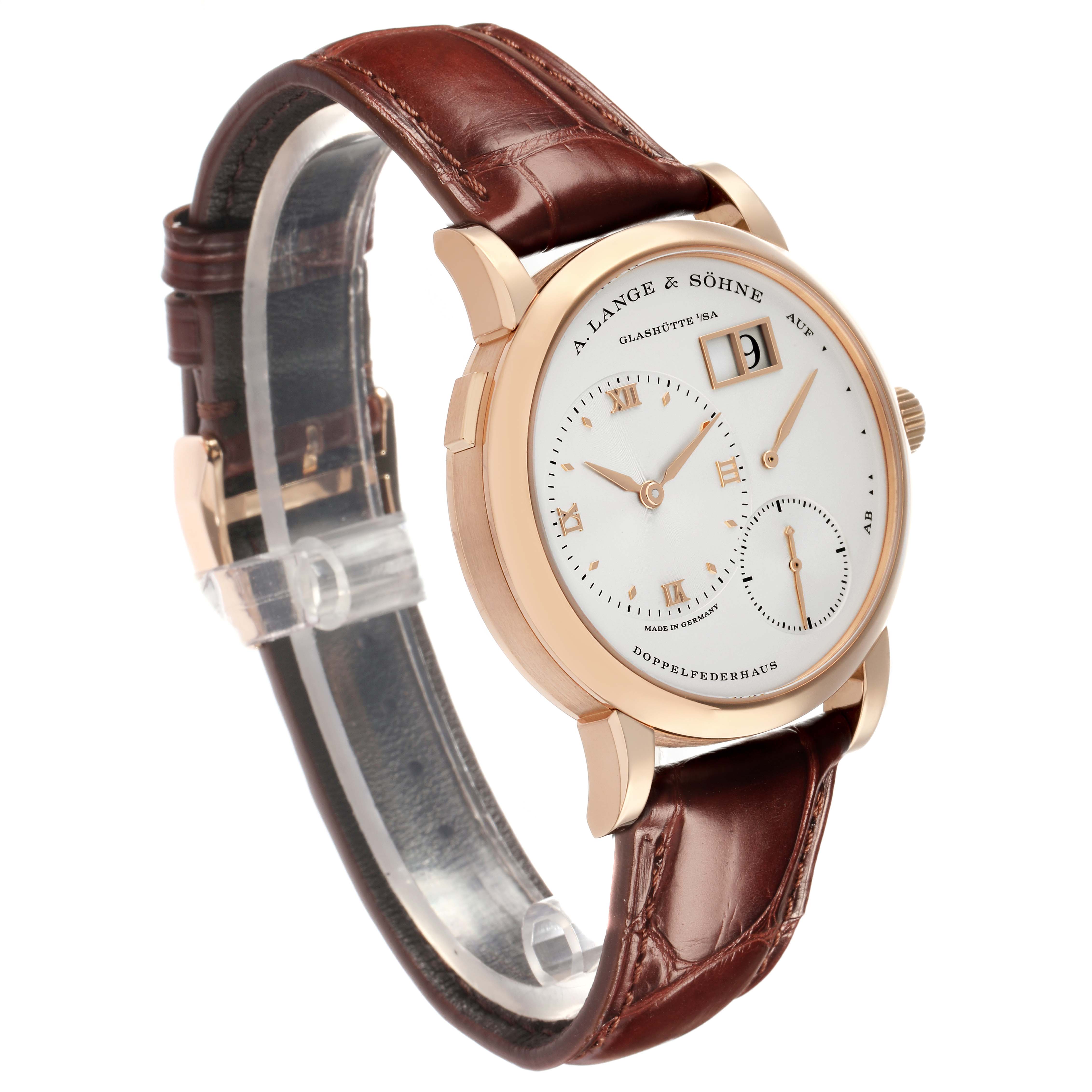 The A. Lange 
Sohne Lange 1 191.032 Men
s Rose Gold Silver Dial watch is shown at a three-quarter angle, highlighting the face, strap, and case.