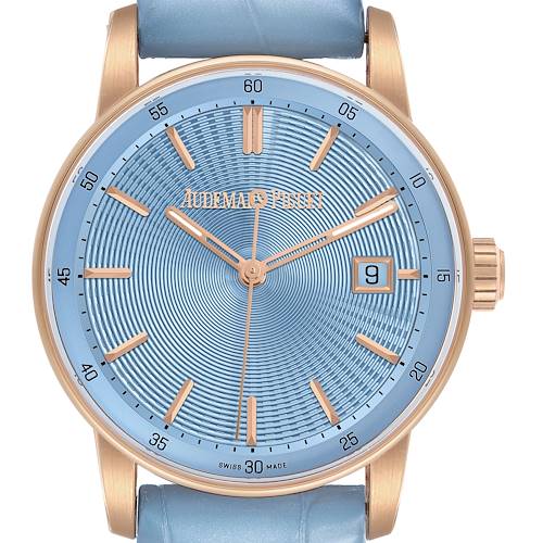Photo of Audemars Piguet Code 11.59 Rose Gold Blue Dial Mens Watch 77410OR Box Card