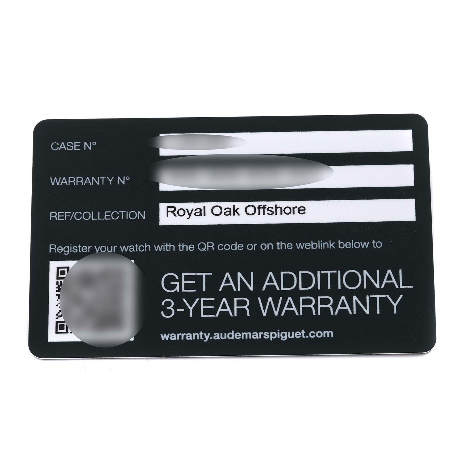 The image shows a warranty card for a Royal Oak Offshore model by Audemars Piguet from a top-down angle.