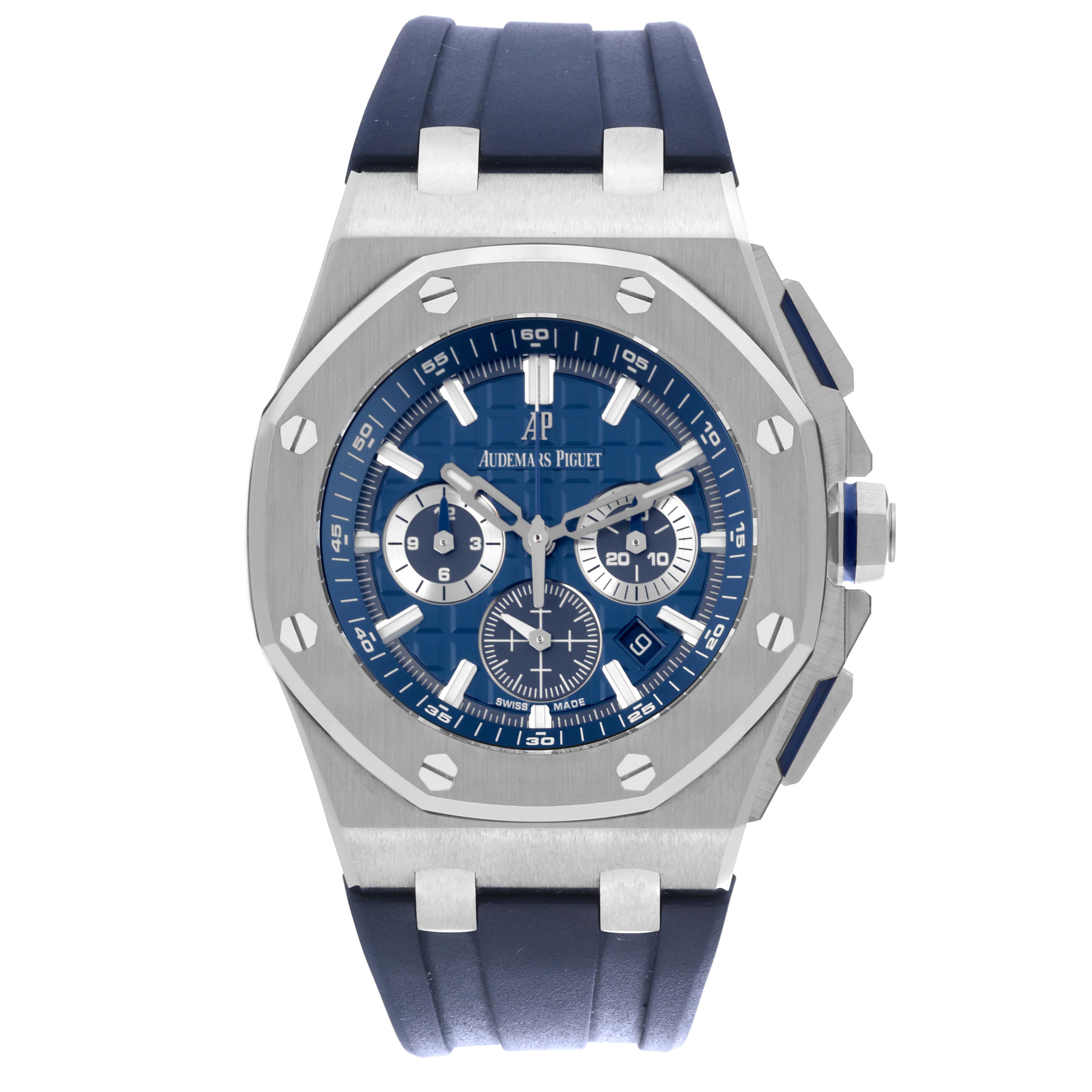 The image shows a front view of the Audemars Piguet Royal Oak 26480TI.OO.A027CA.01 Men's Titanium Blue Dial 26480TI.OO.A027CA.01 Men's Titanium Blue Dial watch, featuring its blue dial, chronograph subdials, and rubber strap.