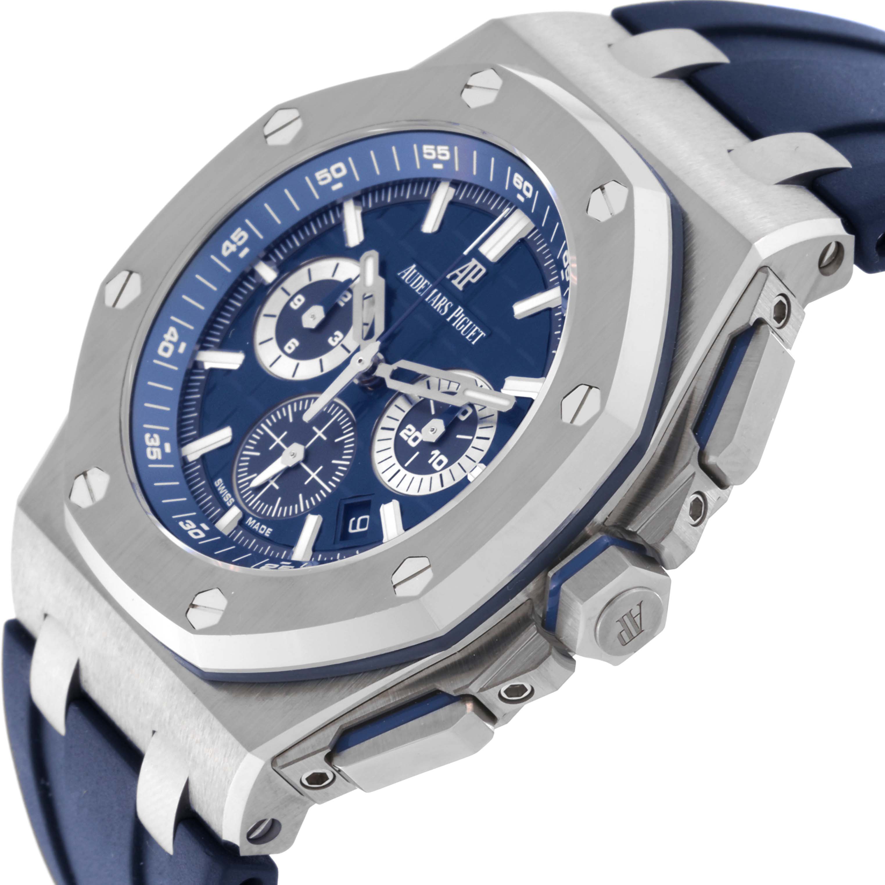 The image shows a close-up angle of the dial, bezel, and part of the strap of the Audemars Piguet Royal Oak 26480TI.OO.A027CA.01 Men's Titanium Blue Dial 26480TI.OO.A027CA.01 Men's Titanium Blue Dial watch.