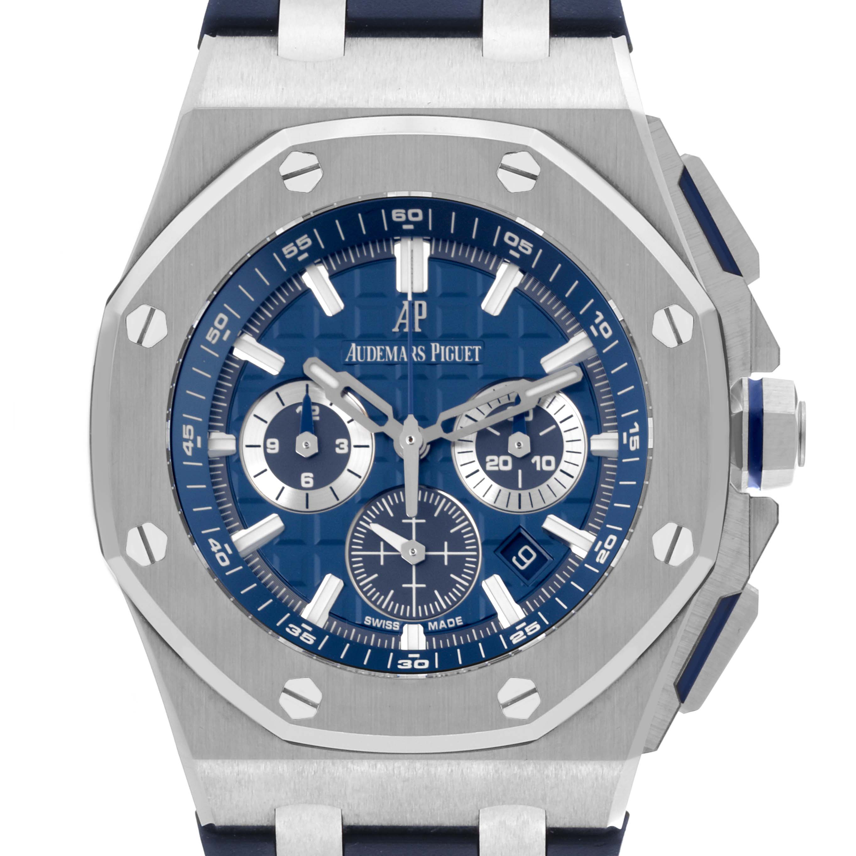 The image shows a front view of an Audemars Piguet Royal Oak 26480TI.OO.A027CA.01 Men's Titanium Blue Dial 26480TI.OO.A027CA.01 Men's Titanium Blue Dial watch, highlighting its blue dial, chronograph sub-dials, and octagonal bezel.
