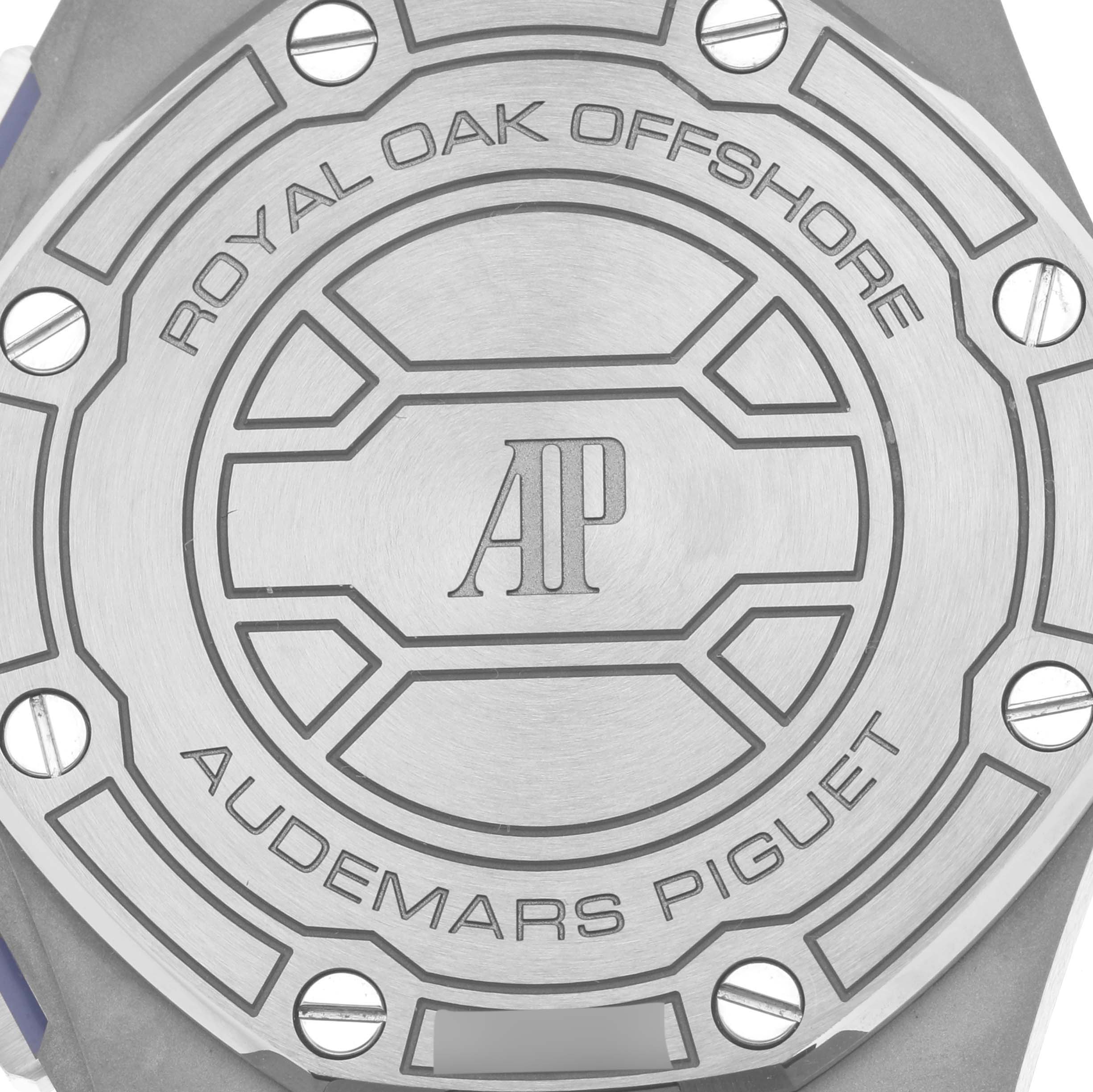 Close-up of the case back of a Royal Oak Offshore model by Audemars Piguet, showing the engraved logos and text.