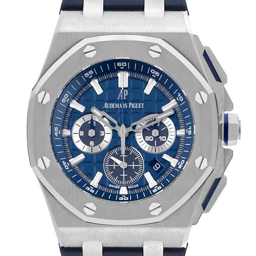 The image shows a front view of the Audemars Piguet Royal Oak watch, highlighting its blue dial, chronograph sub-dials, and octagonal bezel.