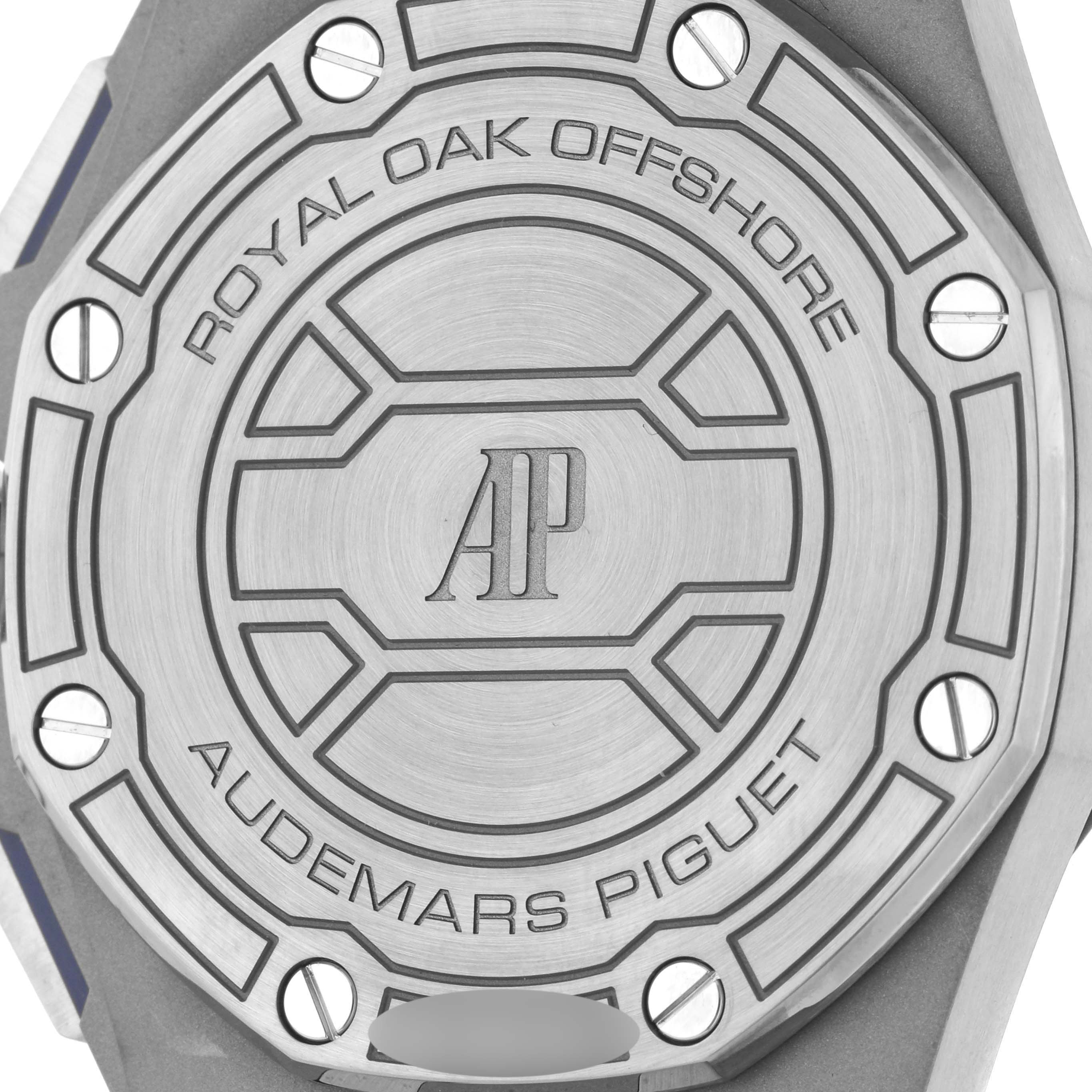 This is a close-up shot of the case back of an Audemars Piguet Royal Oak 26480TI.OO.A027CA.01 Men's Titanium Blue Dial 26480TI.OO.A027CA.01 Men's Titanium Blue Dial Offshore watch.