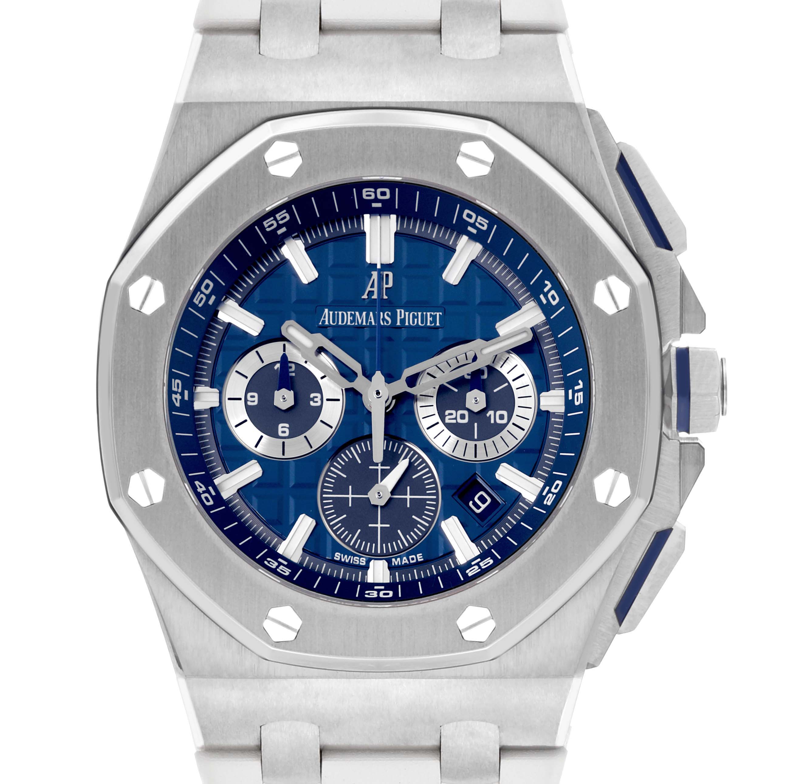 This is a front view of the Audemars Piguet Royal Oak 26480TI.OO.A027CA.01 Men's Titanium Blue Dial 26480TI.OO.A027CA.01 Men's Titanium Blue Dial watch showing the face, bezel, and part of the bracelet.