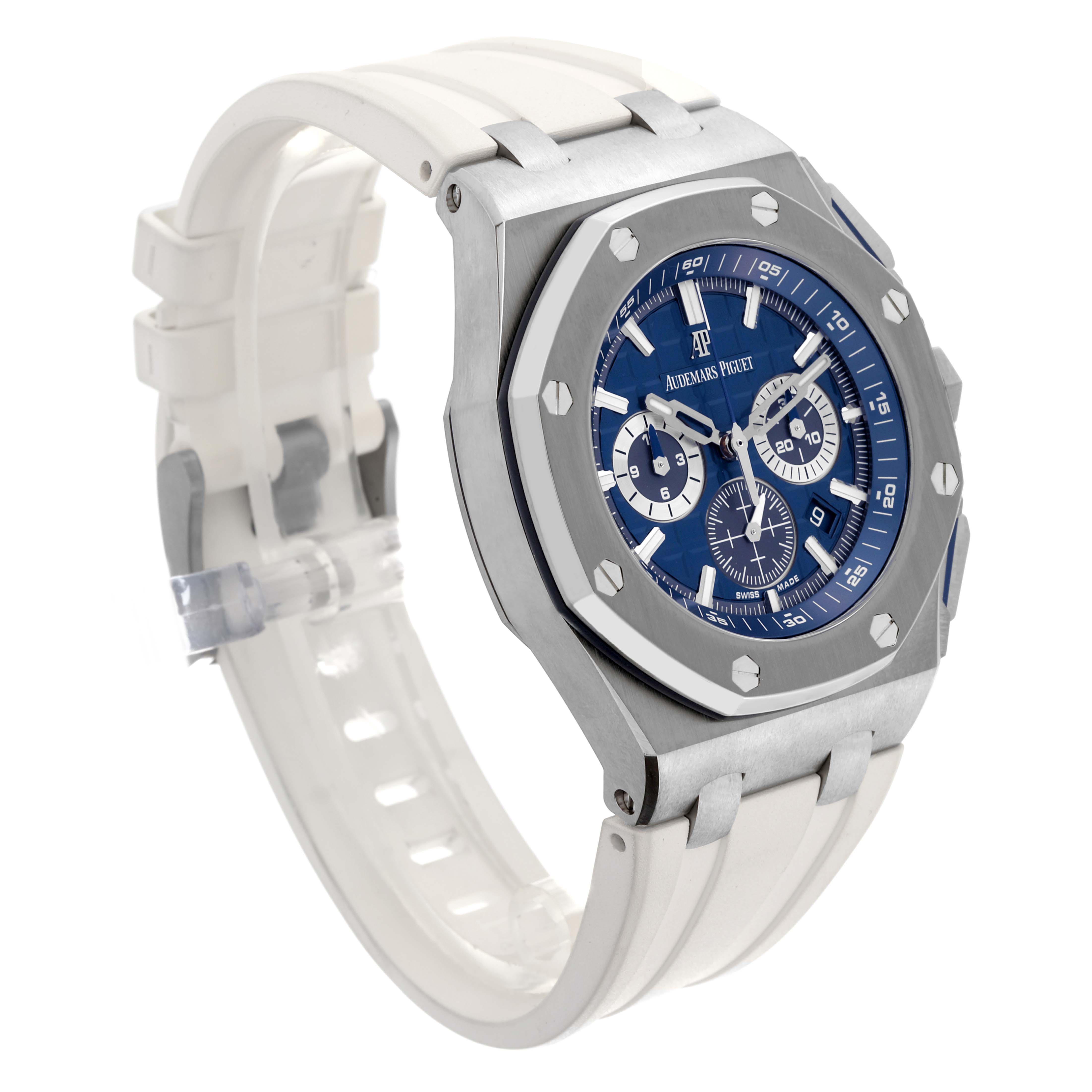 The image shows a side angle of the Audemars Piguet Royal Oak 26480TI.OO.A027CA.01 Men's Titanium Blue Dial 26480TI.OO.A027CA.01 Men's Titanium Blue Dial with a blue dial and white rubber strap.