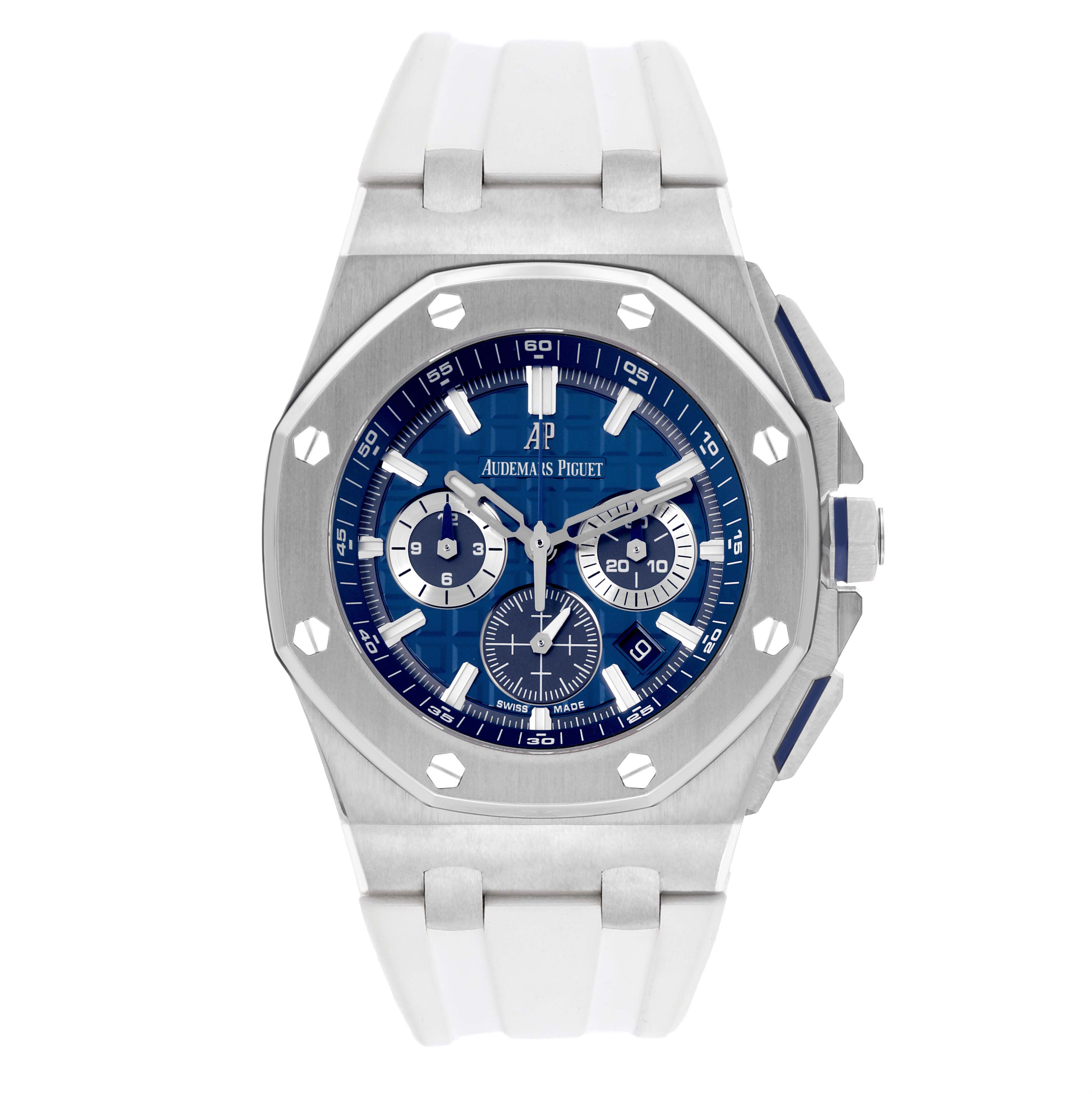 This image shows a front view of the Audemars Piguet Royal Oak 26480TI.OO.A027CA.01 Men's Titanium Blue Dial 26480TI.OO.A027CA.01 Men's Titanium Blue Dial watch with a blue dial and white strap.