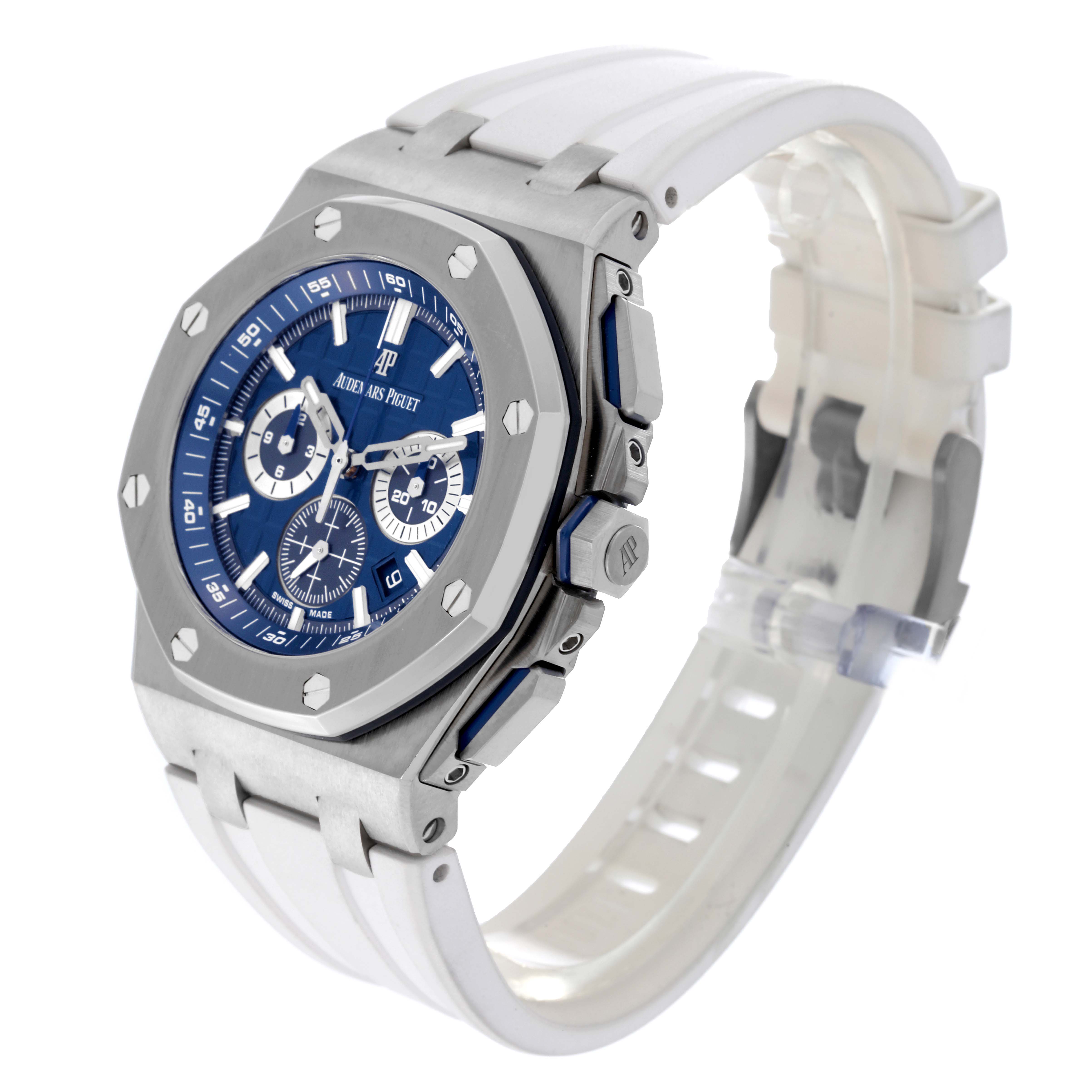 The image shows an Audemars Piguet Royal Oak 26480TI.OO.A027CA.01 Men's Titanium Blue Dial 26480TI.OO.A027CA.01 Men's Titanium Blue Dial watch at a three-quarter angle, highlighting its blue dial, stainless steel case, and white strap.