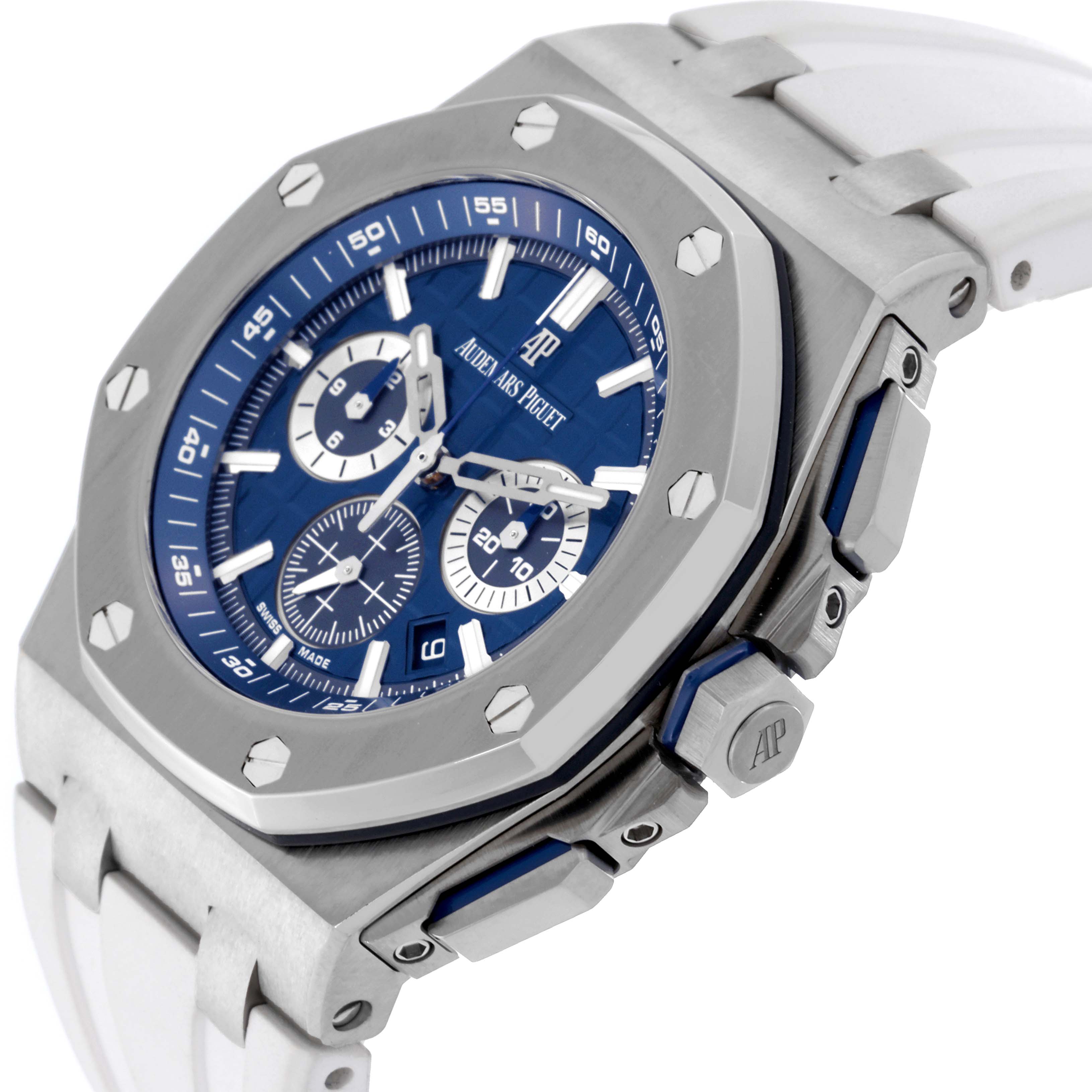 The image shows a side angle of the Audemars Piguet Royal Oak 26480TI.OO.A027CA.01 Men's Titanium Blue Dial 26480TI.OO.A027CA.01 Men's Titanium Blue Dial watch, displaying its bezel, dial, chronograph buttons, and a white strap.