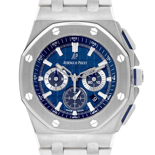 This image shows a front view of the Royal Oak model watch by Audemars Piguet, highlighting its blue dial, chronograph subdials, and stainless steel case.