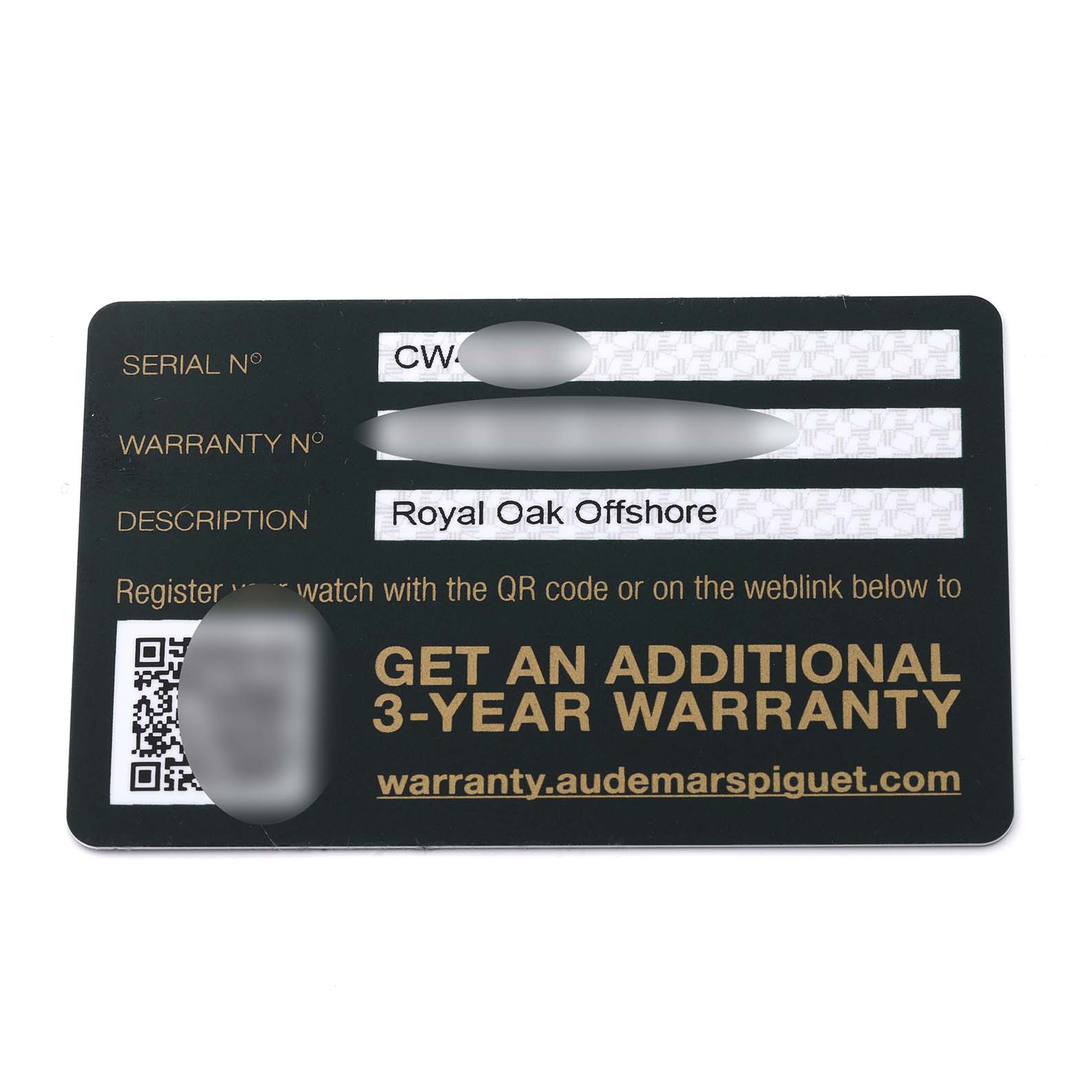 The image shows a warranty card for the Audemars Piguet Royal Oak 26480TI.OO.A027CA.01 Men's Titanium Blue Dial 26480TI.OO.A027CA.01 Men's Titanium Blue Dial Offshore watch model.
