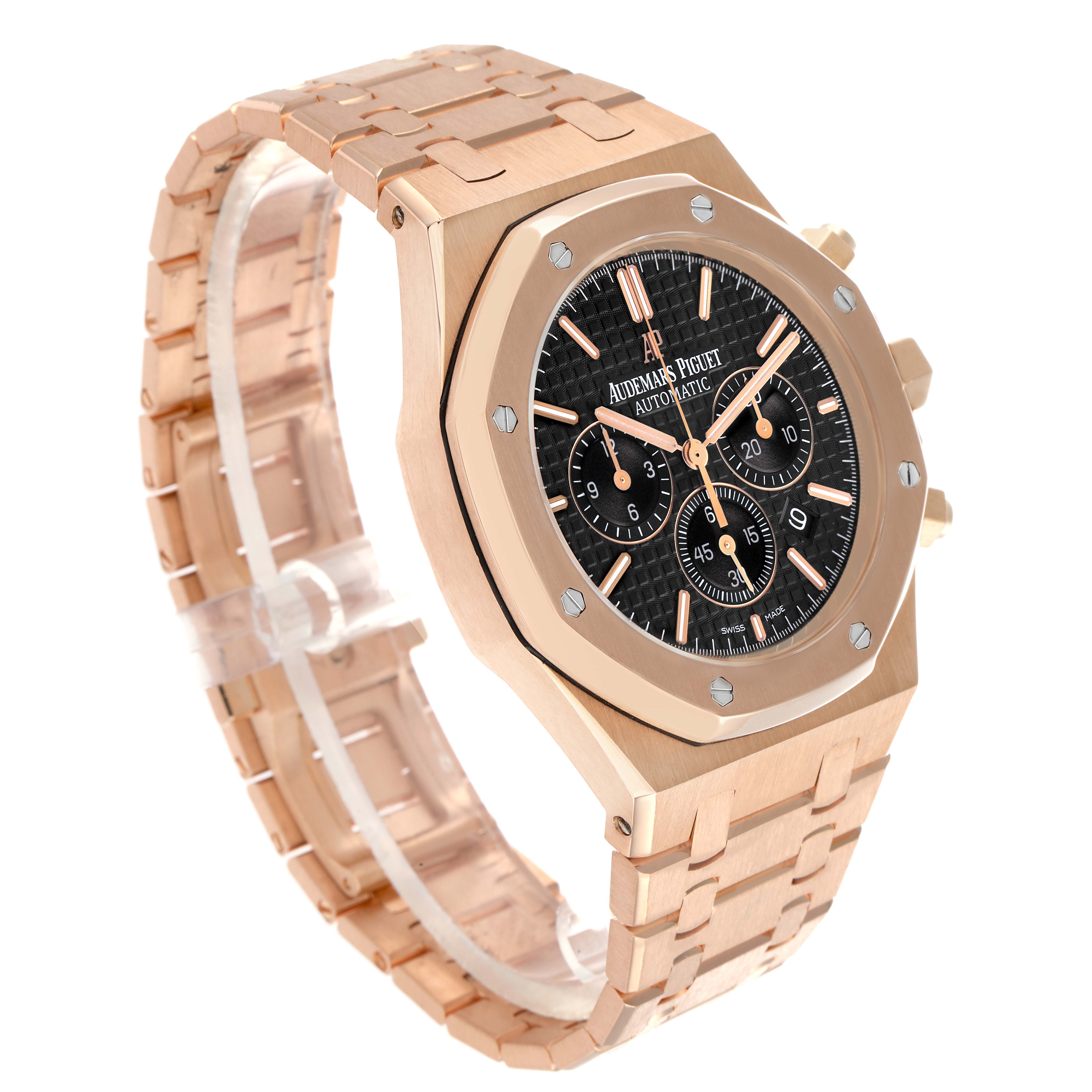 The Audemars Piguet Royal Oak 26320OR.OO.1220OR.01 Men
s Rose Gold Black Dial watch is shown at a three-quarter angle, highlighting the case, dial, bezel, and bracelet.