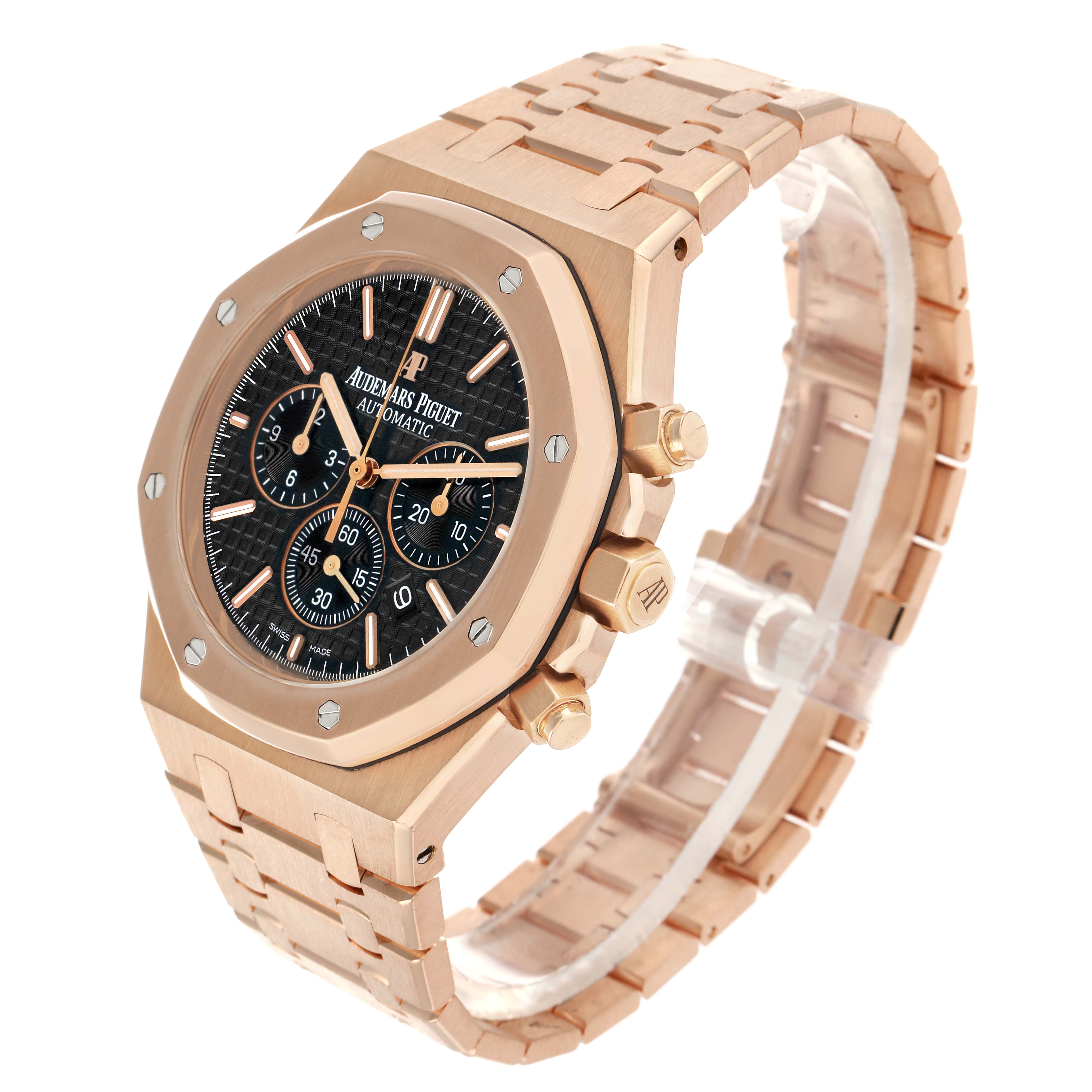 The Audemars Piguet Royal Oak 26320OR.OO.1220OR.01 Men
s Rose Gold Black Dial watch is shown at a three-quarters angle, highlighting the dial, bezel, crown, and bracelet.