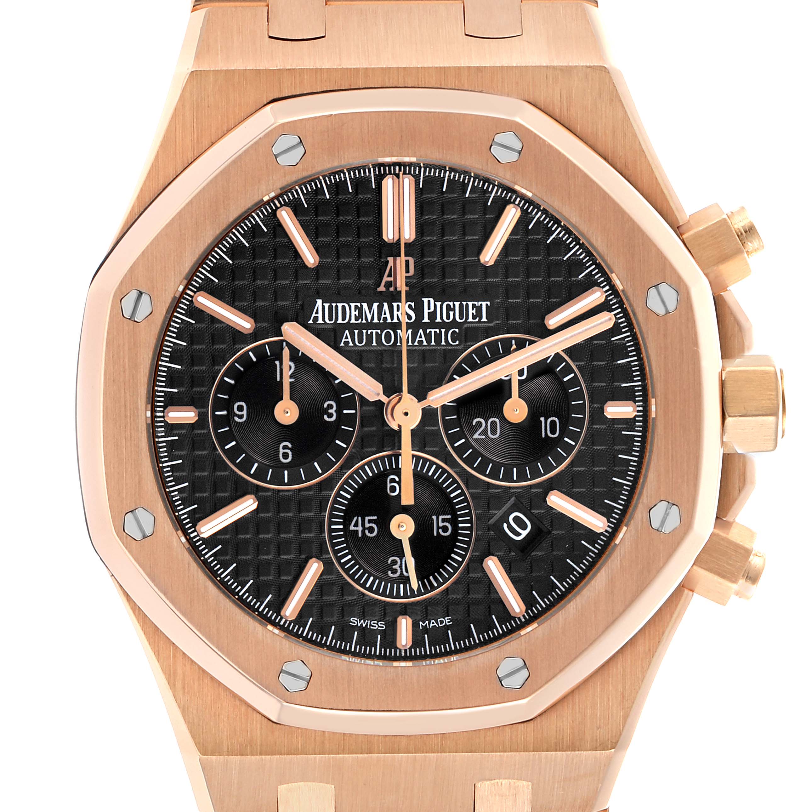 The Audemars Piguet Royal Oak 26320OR.OO.1220OR.01 Men
s Rose Gold Black Dial watch is shown from a front angle, highlighting the octagonal bezel, dial, and chronograph sub-dials.