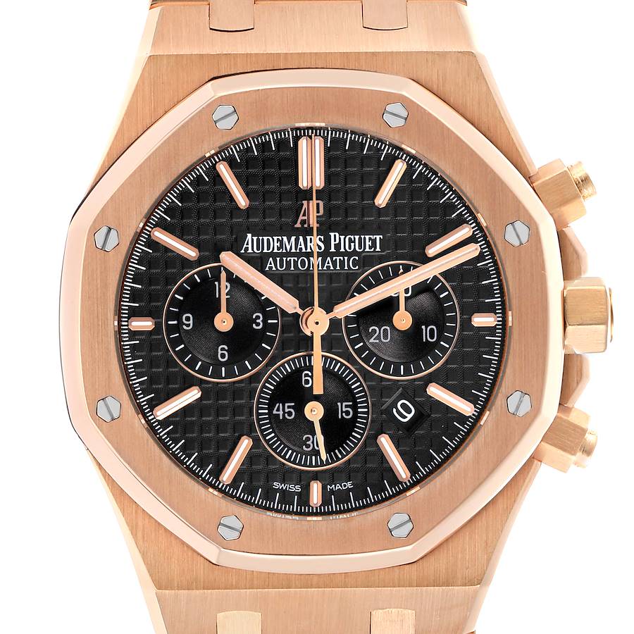 The Audemars Piguet Royal Oak 26320OR.OO.1220OR.01 Men's Rose Gold Black Dial watch is shown from a front angle, highlighting the octagonal bezel, dial, and chronograph sub-dials.