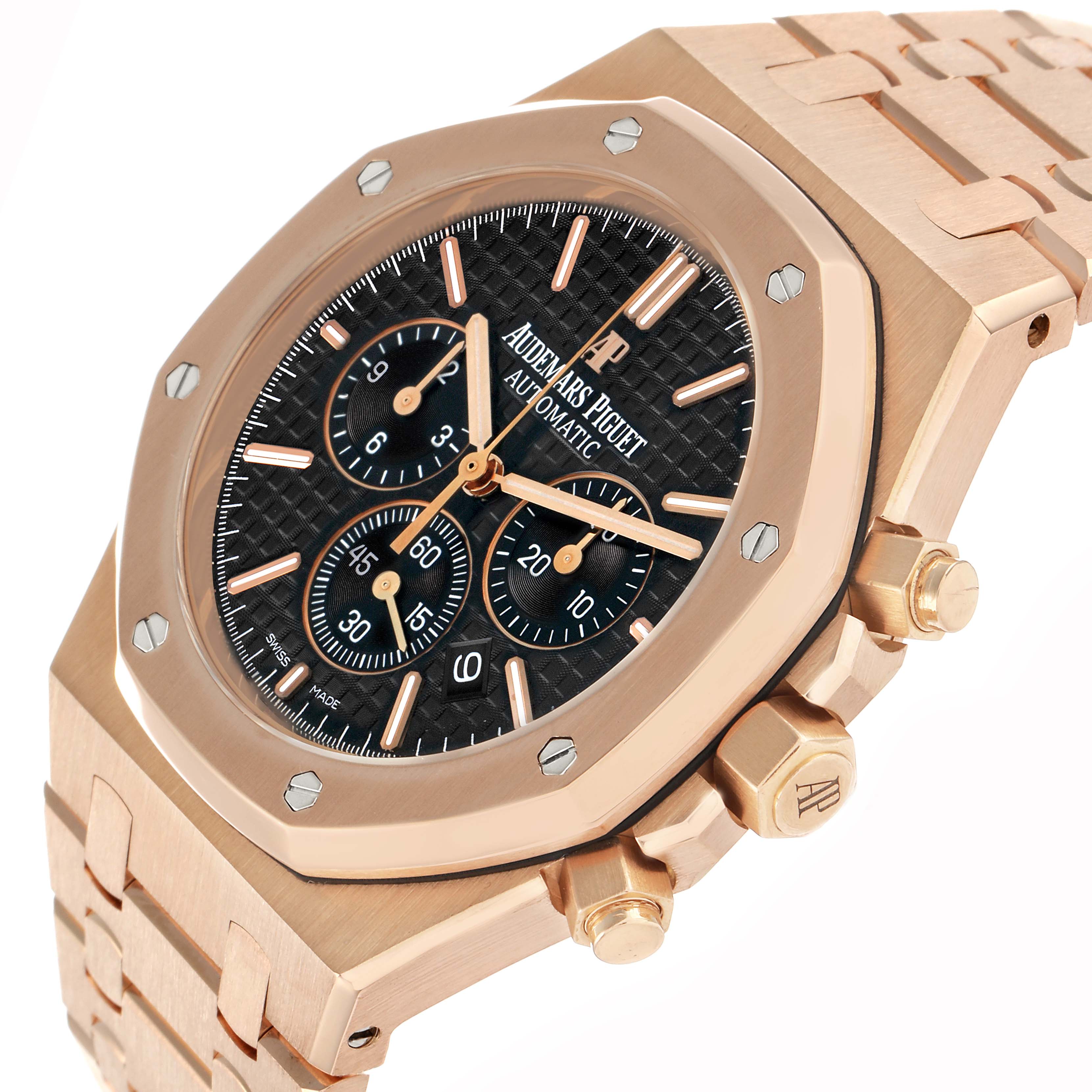 The image shows the Royal Oak by Audemars Piguet at an angled view, highlighting the dial, bezel, crown, and bracelet.