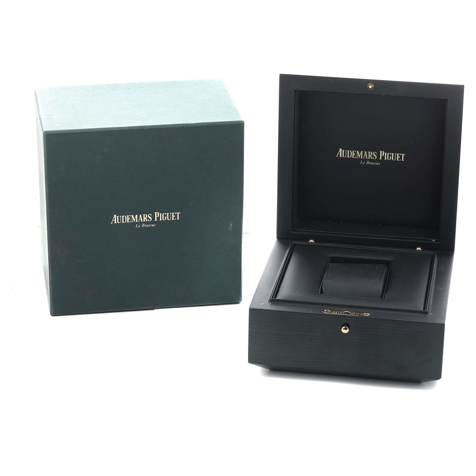 The image shows the Audemars Piguet Royal Oak 26320OR.OO.1220OR.01 Men
s Rose Gold Black Dial watch box and outer packaging from a front angle, with both lids open.
