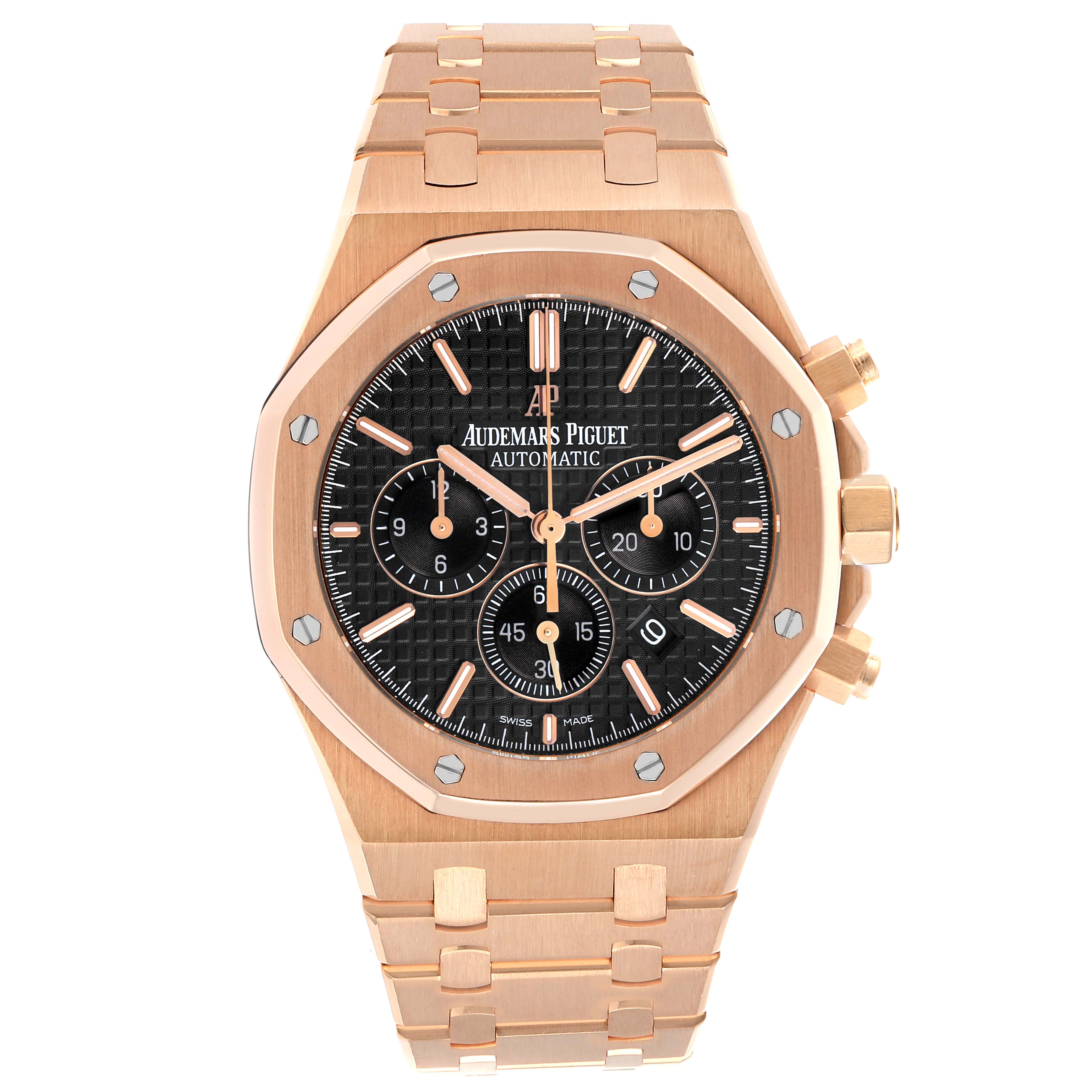 The Audemars Piguet Royal Oak 26320OR.OO.1220OR.01 Men
s Rose Gold Black Dial watch is shown from a front angle, displaying its dial, bezel, and bracelet.