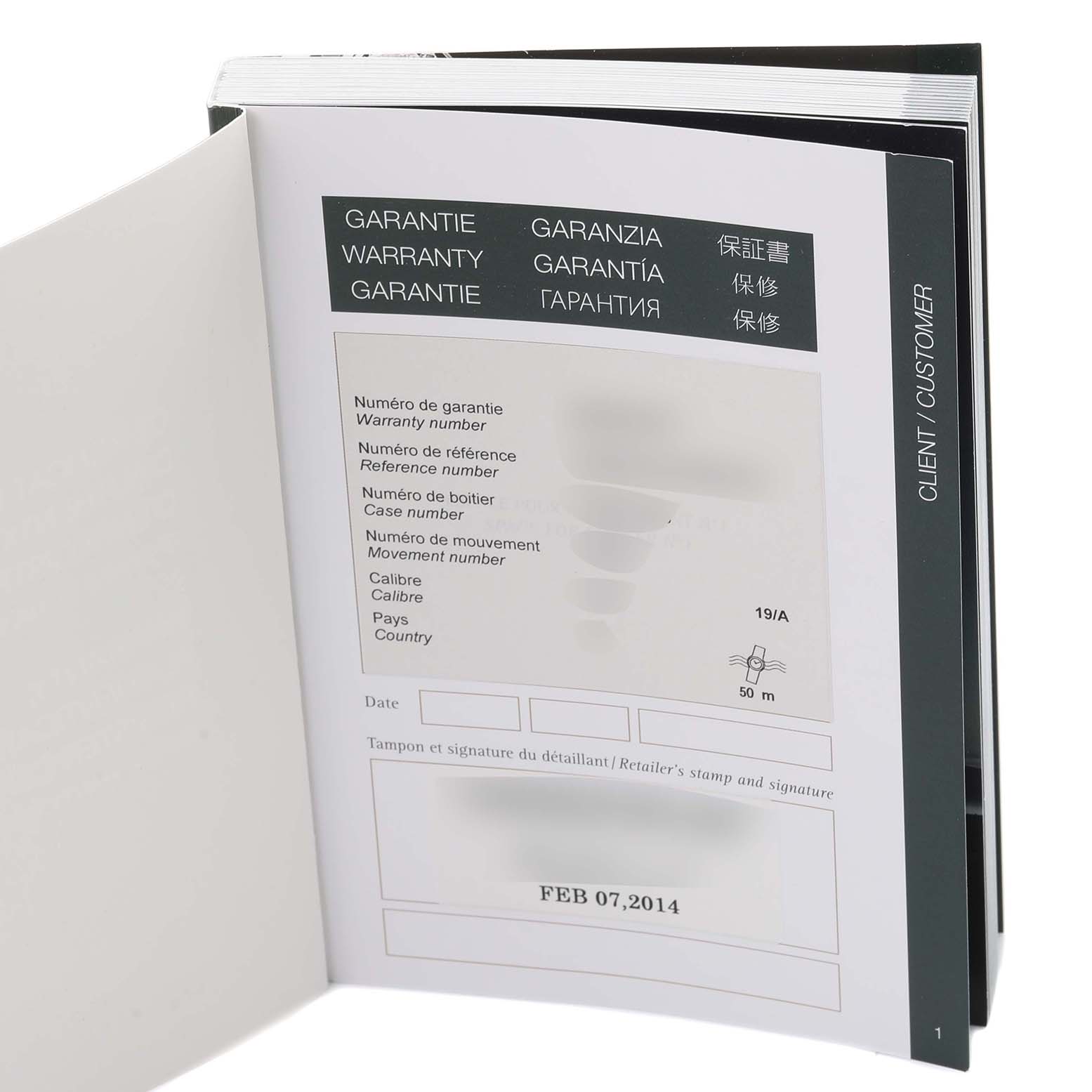The image shows the warranty booklet for the Audemars Piguet Royal Oak 26320OR.OO.D002CR.01 Men's Rose Gold Black Dial 26320OR.OO.D002CR.01 Men's Rose Gold Black Dial model, featuring multiple languages for customer assurance details.