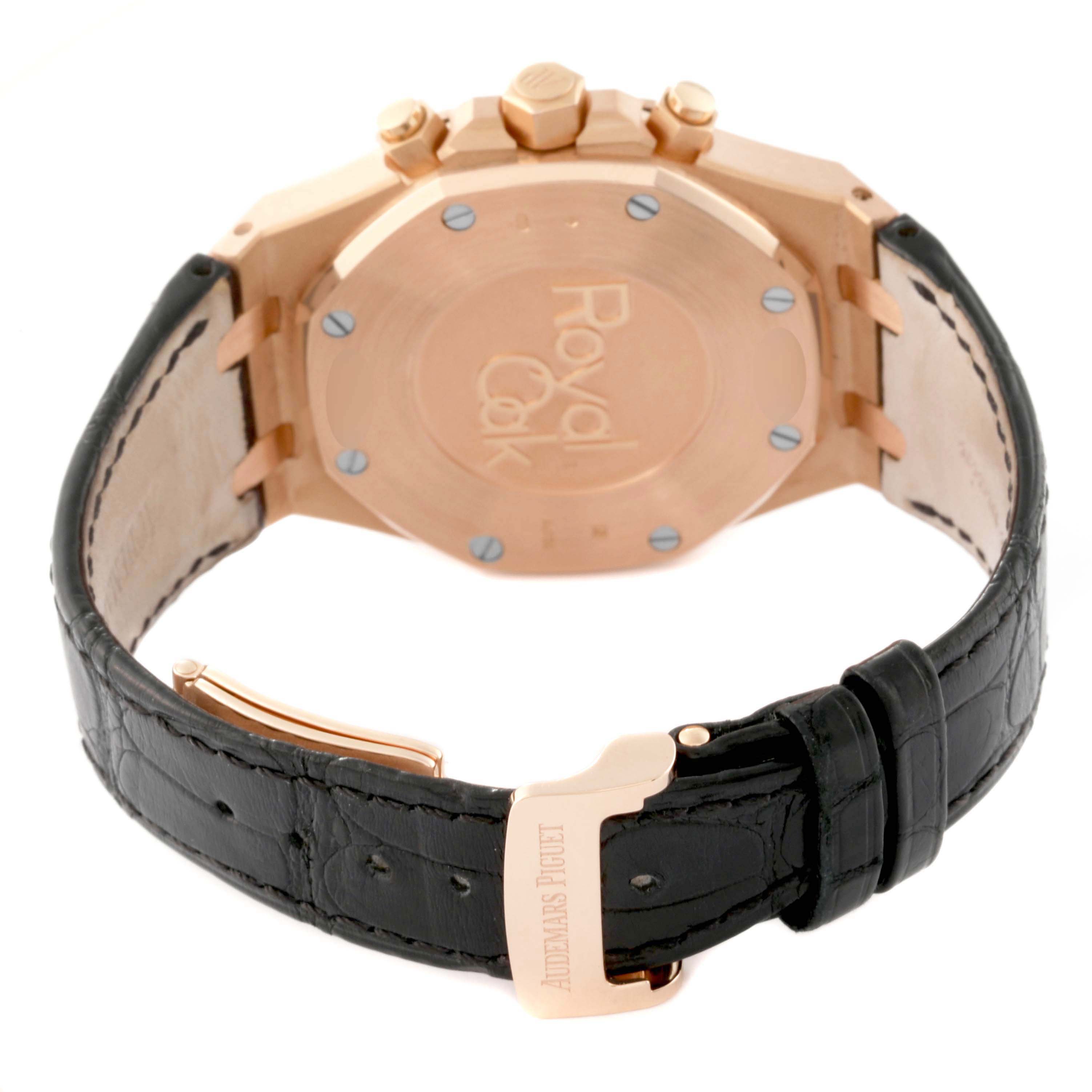 This image shows the back case and leather strap of the Royal Oak watch by Audemars Piguet viewed from a rear angle.