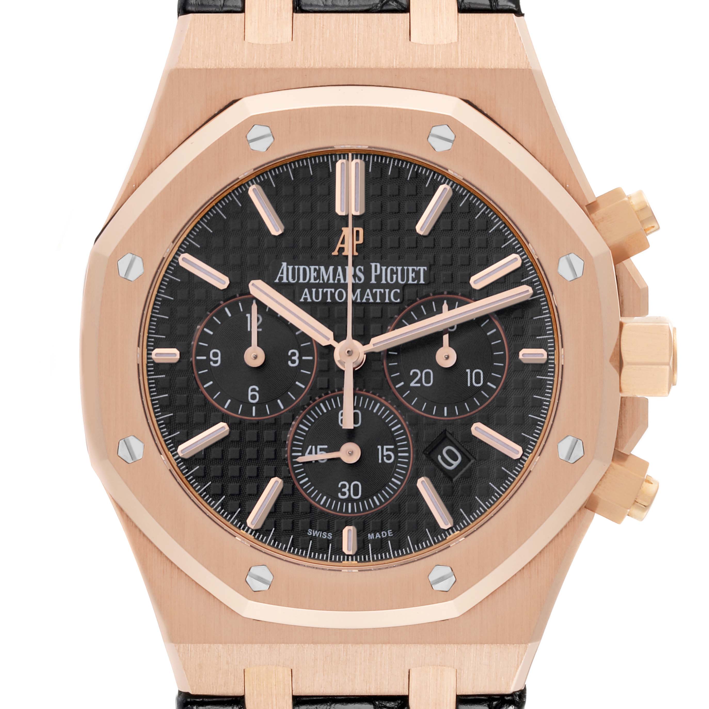 This image shows a front view of the Audemars Piguet Royal Oak 26320OR.OO.D002CR.01 Men's Rose Gold Black Dial 26320OR.OO.D002CR.01 Men's Rose Gold Black Dial watch, displaying its dial, bezel, and pushers.