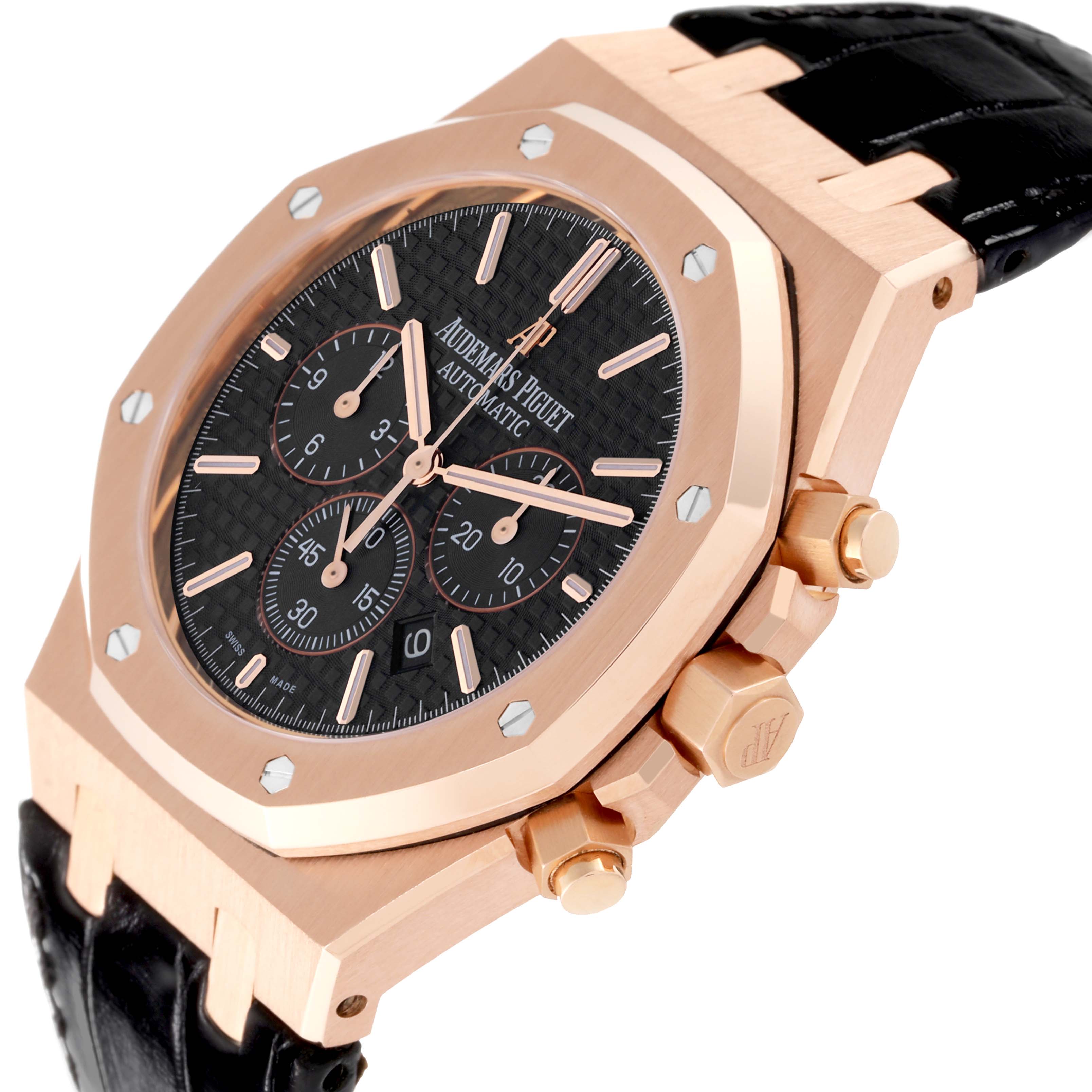 The image shows a close-up angled view of a Royal Oak watch by Audemars Piguet, highlighting the face, bezel, and pushers.