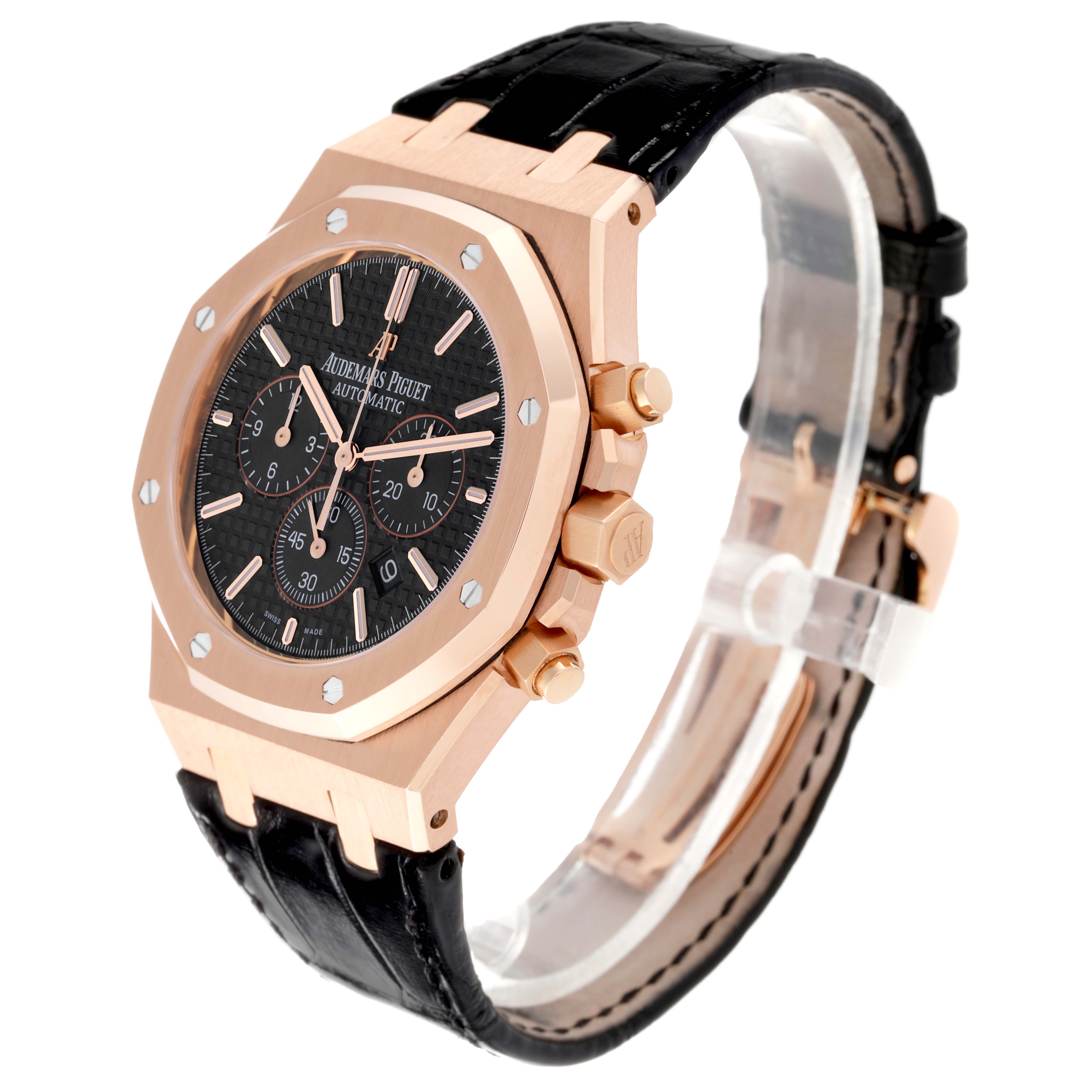 The image shows an Audemars Piguet Royal Oak 26320OR.OO.D002CR.01 Men's Rose Gold Black Dial 26320OR.OO.D002CR.01 Men's Rose Gold Black Dial watch from a front-side angle, displaying the face, case, crown, and strap.