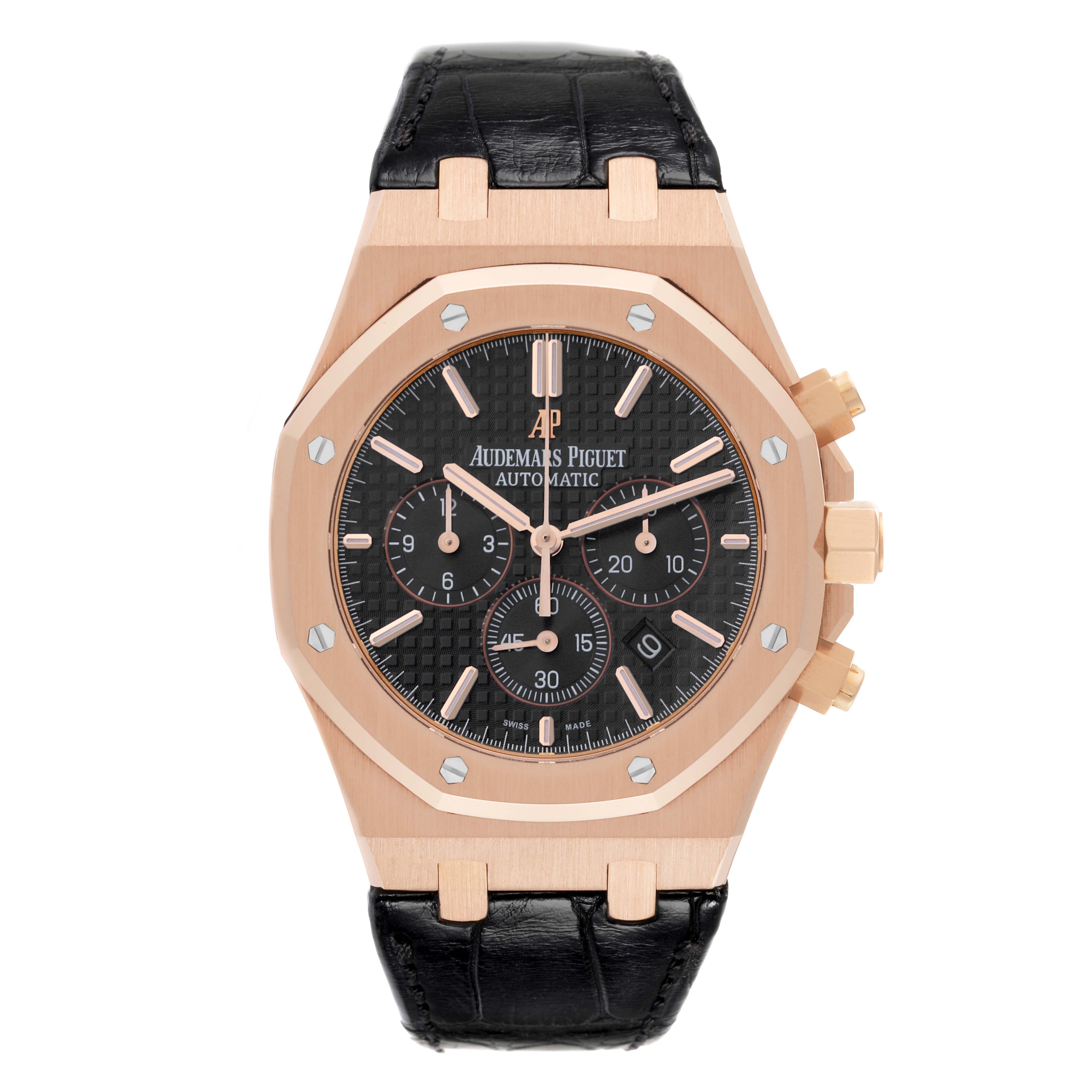 This Audemars Piguet Royal Oak 26320OR.OO.D002CR.01 Men's Rose Gold Black Dial 26320OR.OO.D002CR.01 Men's Rose Gold Black Dial watch is shown from a straight-on angle, displaying its black dial, gold case, and black strap.