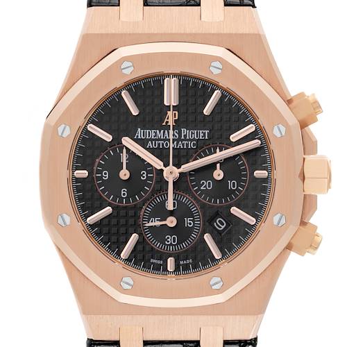 This image shows a frontal view of the Audemars Piguet Royal Oak watch, highlighting its rose gold case, black dial, and chronograph subdials.