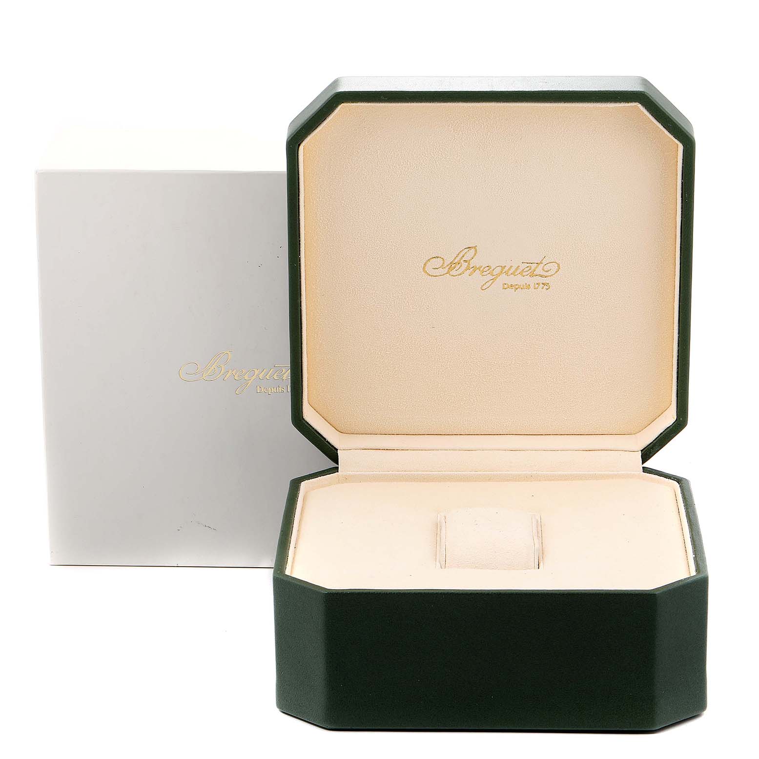 The image shows an open green watch box for the Breguet Type XX - XXI - XXII 3880ST/H2/3XV Men's Stainless Steel Black Dial 3880ST/H2/3XV Men's Stainless Steel Black Dial model, revealing the cushioned interior.