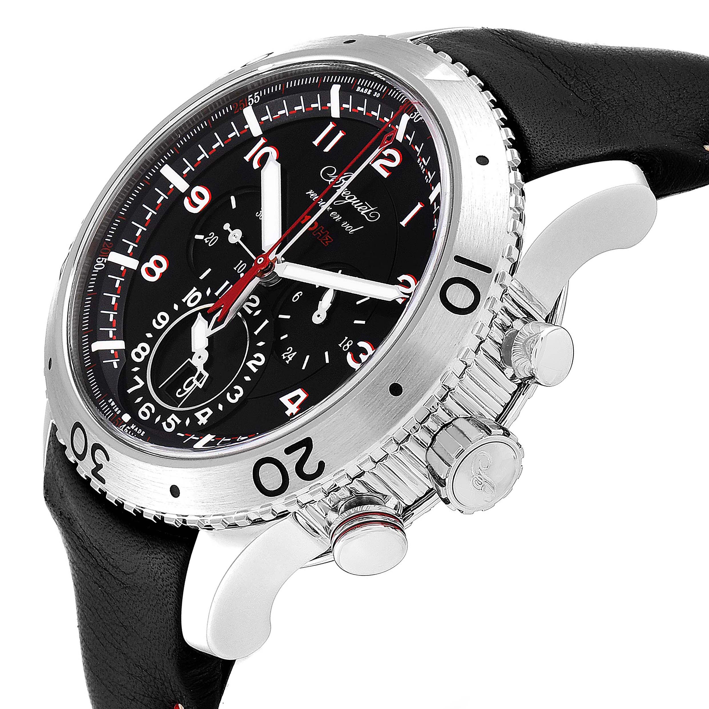 The image shows a side angle of the Breguet Type XX - XXI - XXII 3880ST/H2/3XV Men's Stainless Steel Black Dial 3880ST/H2/3XV Men's Stainless Steel Black Dial watch with focus on the dial, bezel, and crown.
