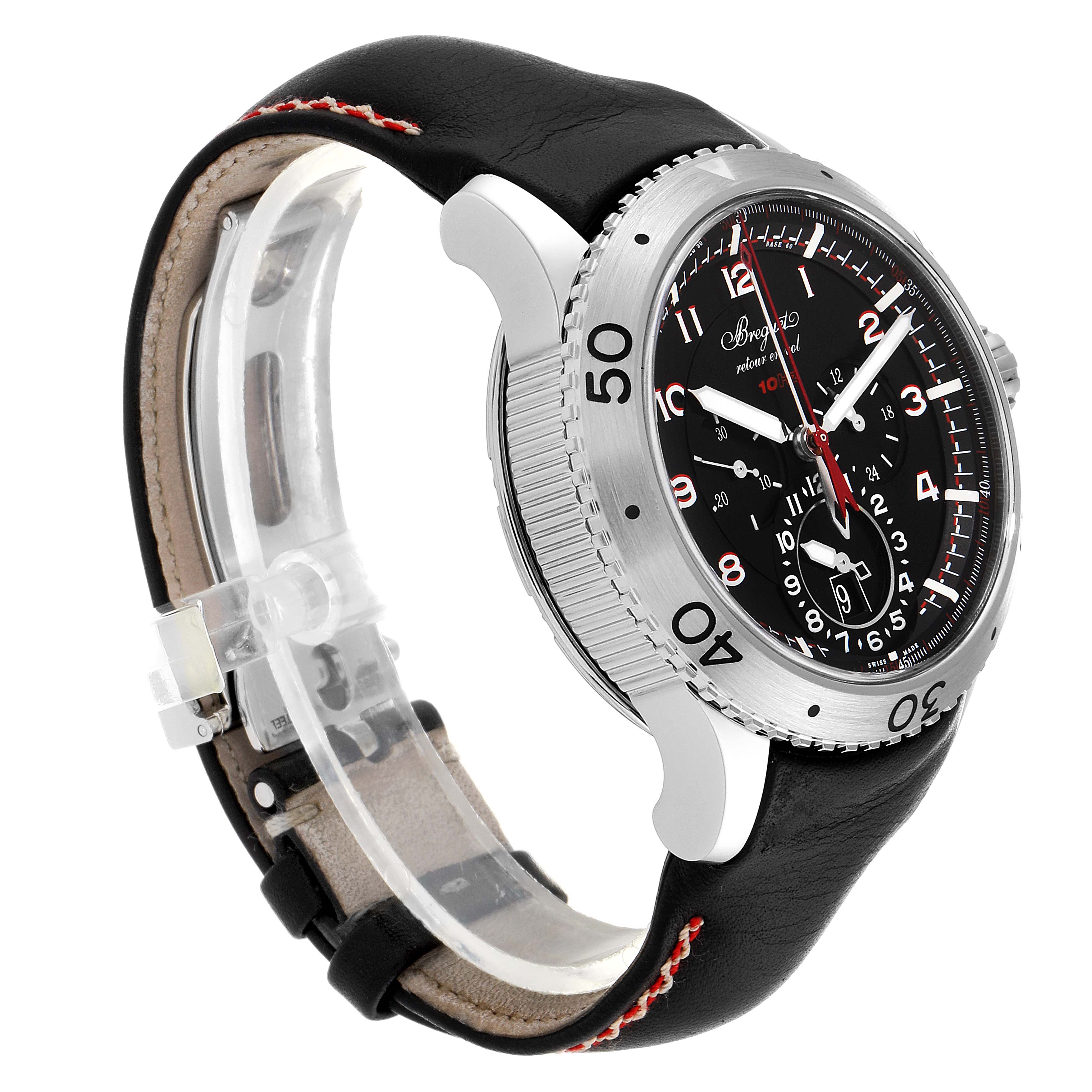 The Breguet Type XX - XXI - XXII 3880ST/H2/3XV Men's Stainless Steel Black Dial 3880ST/H2/3XV Men's Stainless Steel Black Dial watch is shown at a side angle, highlighting the bezel, dial, and leather strap.