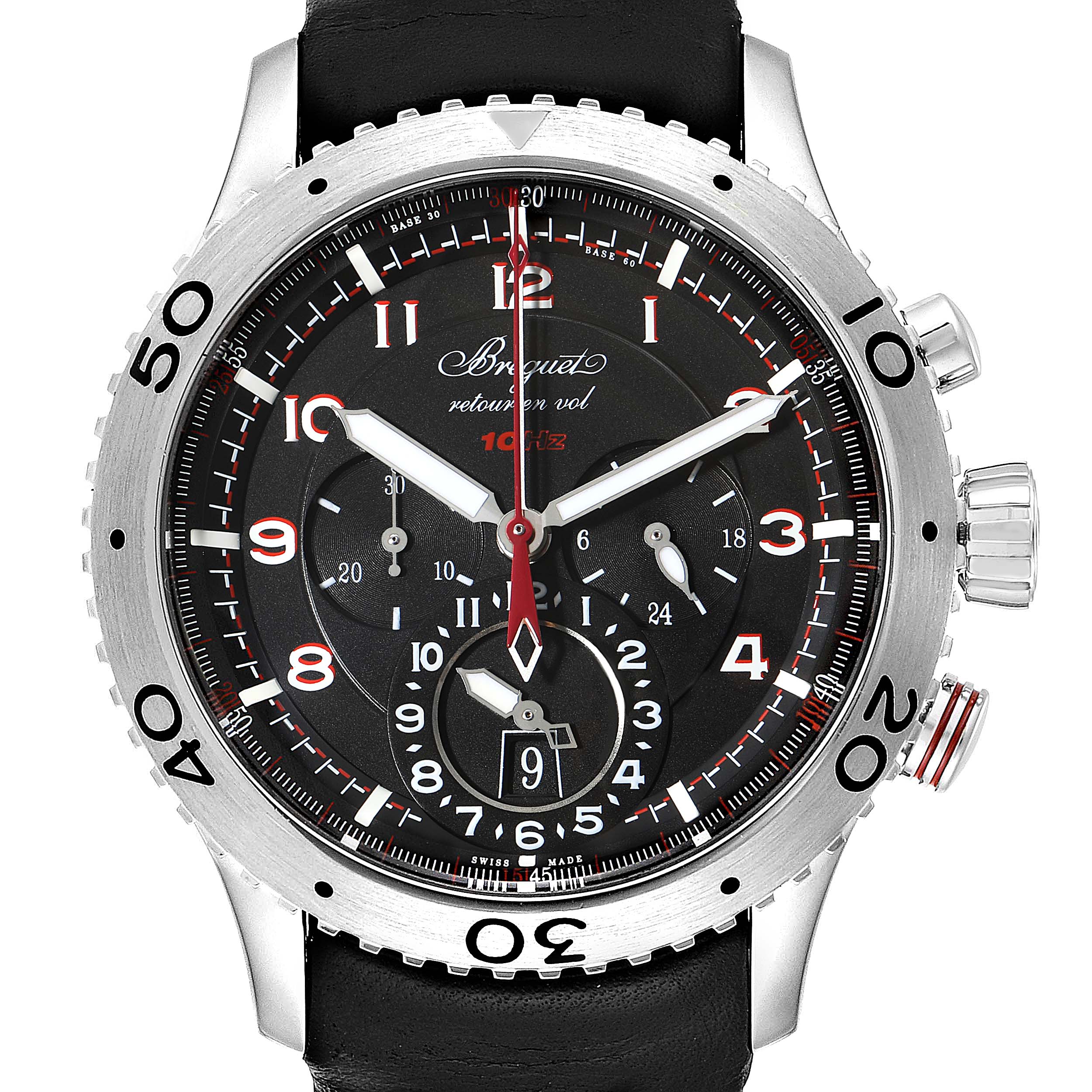 The image shows a front view of a Breguet Type XX - XXI - XXII 3880ST/H2/3XV Men's Stainless Steel Black Dial 3880ST/H2/3XV Men's Stainless Steel Black Dial watch, highlighting its dial, bezel, hands, and pushers.