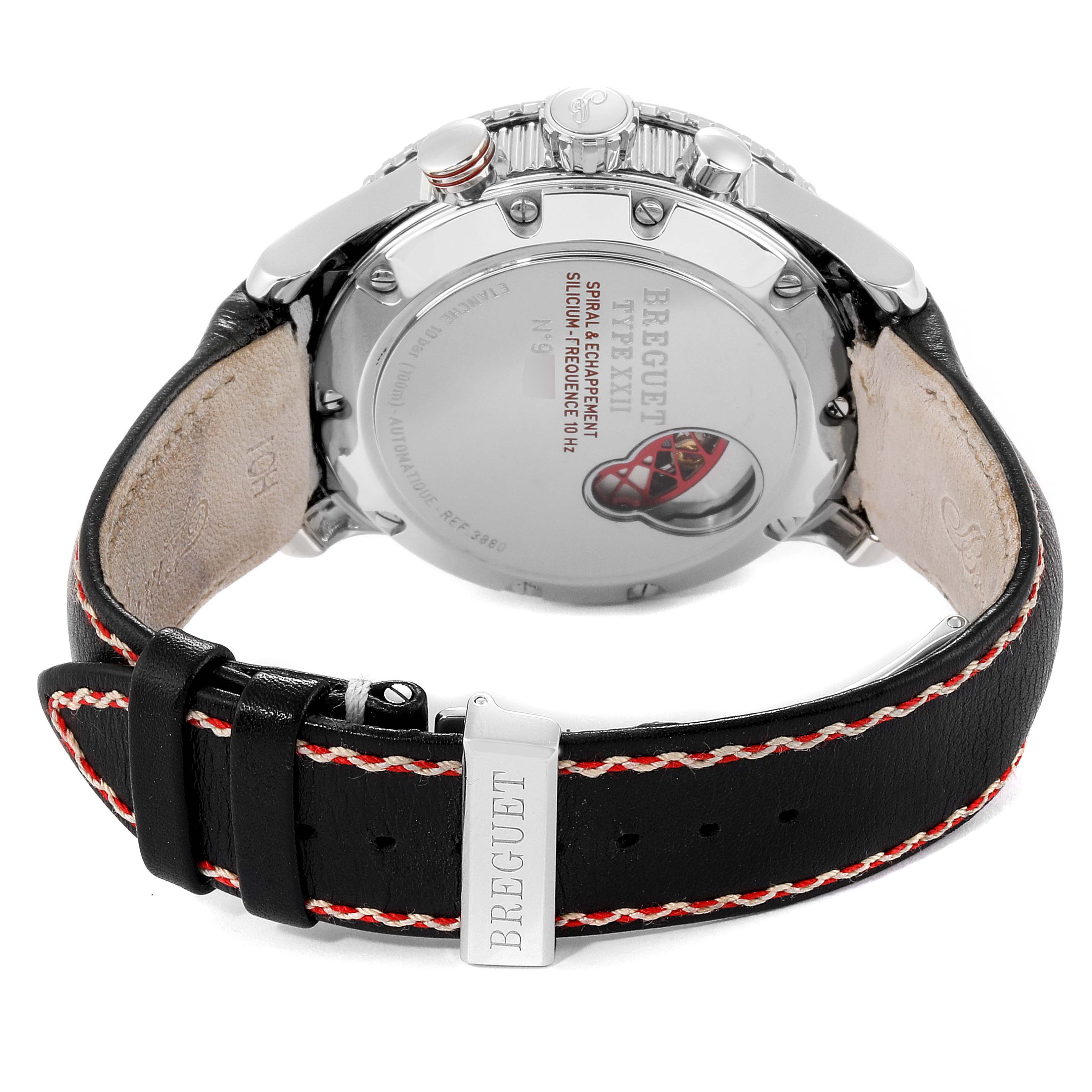 The image shows the back case and strap of a Breguet Type XX - XXI - XXII 3880ST/H2/3XV Men's Stainless Steel Black Dial 3880ST/H2/3XV Men's Stainless Steel Black Dial watch from a rear angle.