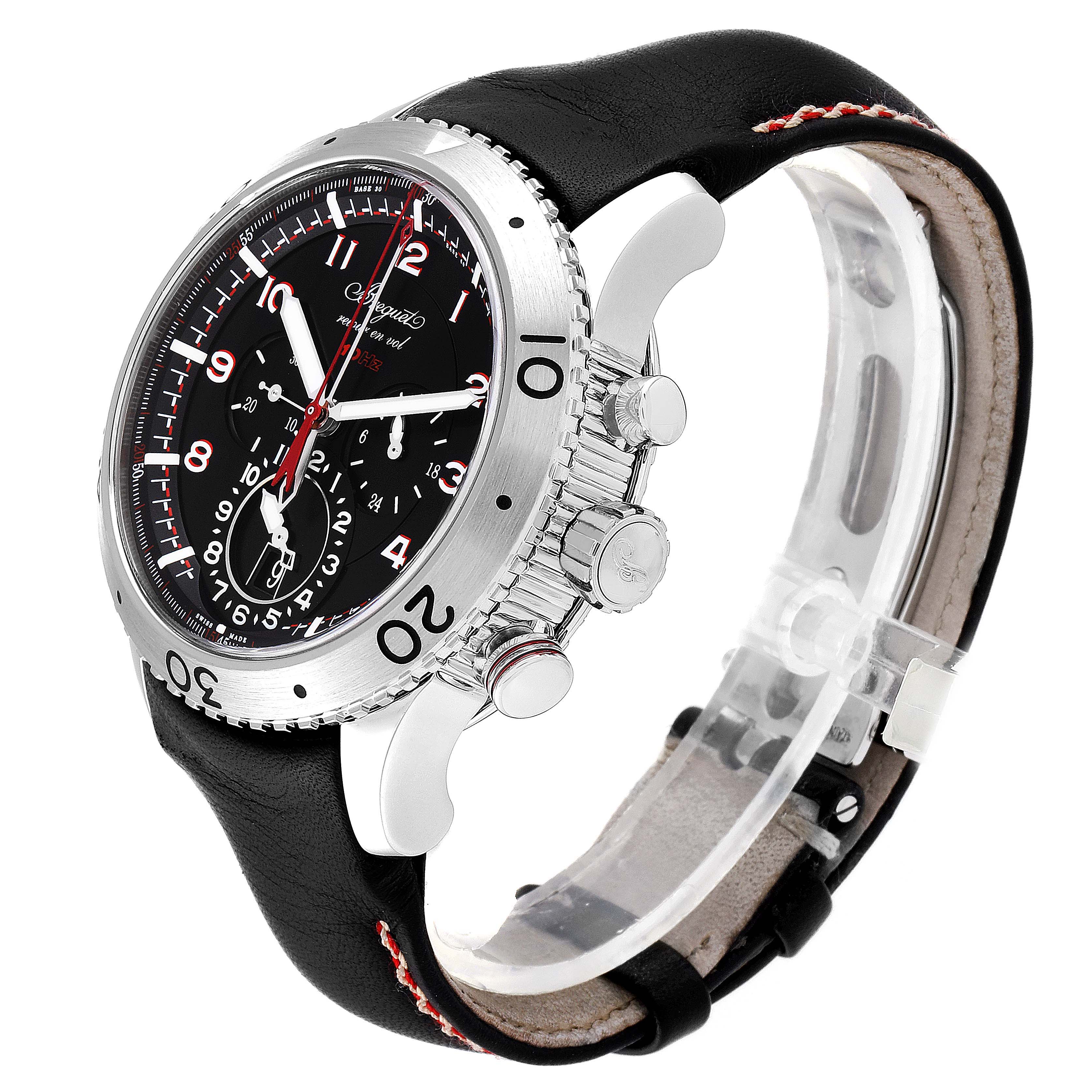 The image shows a Breguet Type XX - XXI - XXII 3880ST/H2/3XV Men's Stainless Steel Black Dial 3880ST/H2/3XV Men's Stainless Steel Black Dial watch at a three-quarter angle, highlighting the dial, bezel, crown, and part of the strap.