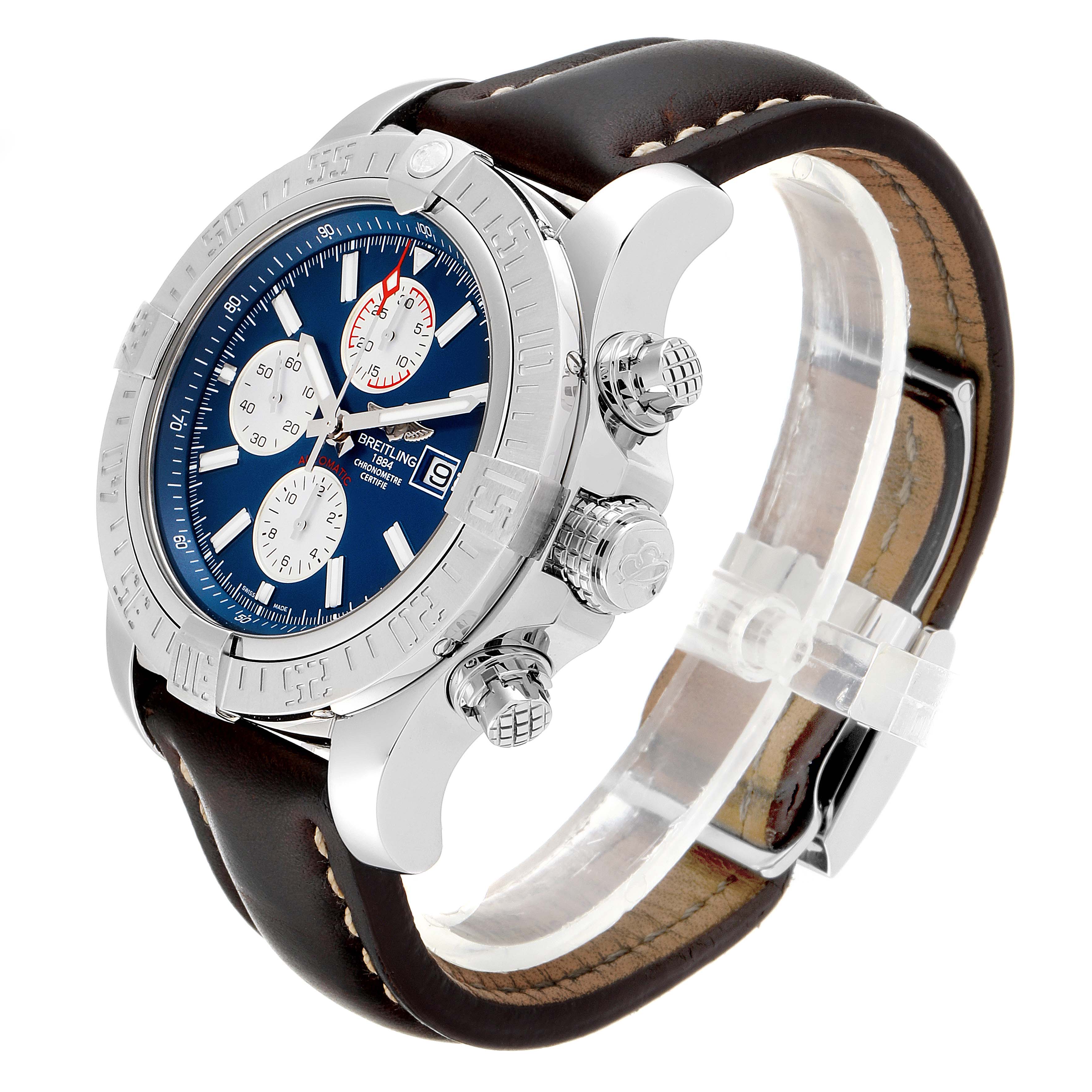 The image shows a side angle of a Breitling Avenger A13371 Men's Stainless Steel Blue Dial A13371 Men's Stainless Steel Blue Dial watch, highlighting its blue dial, chronograph subdials, and leather strap.