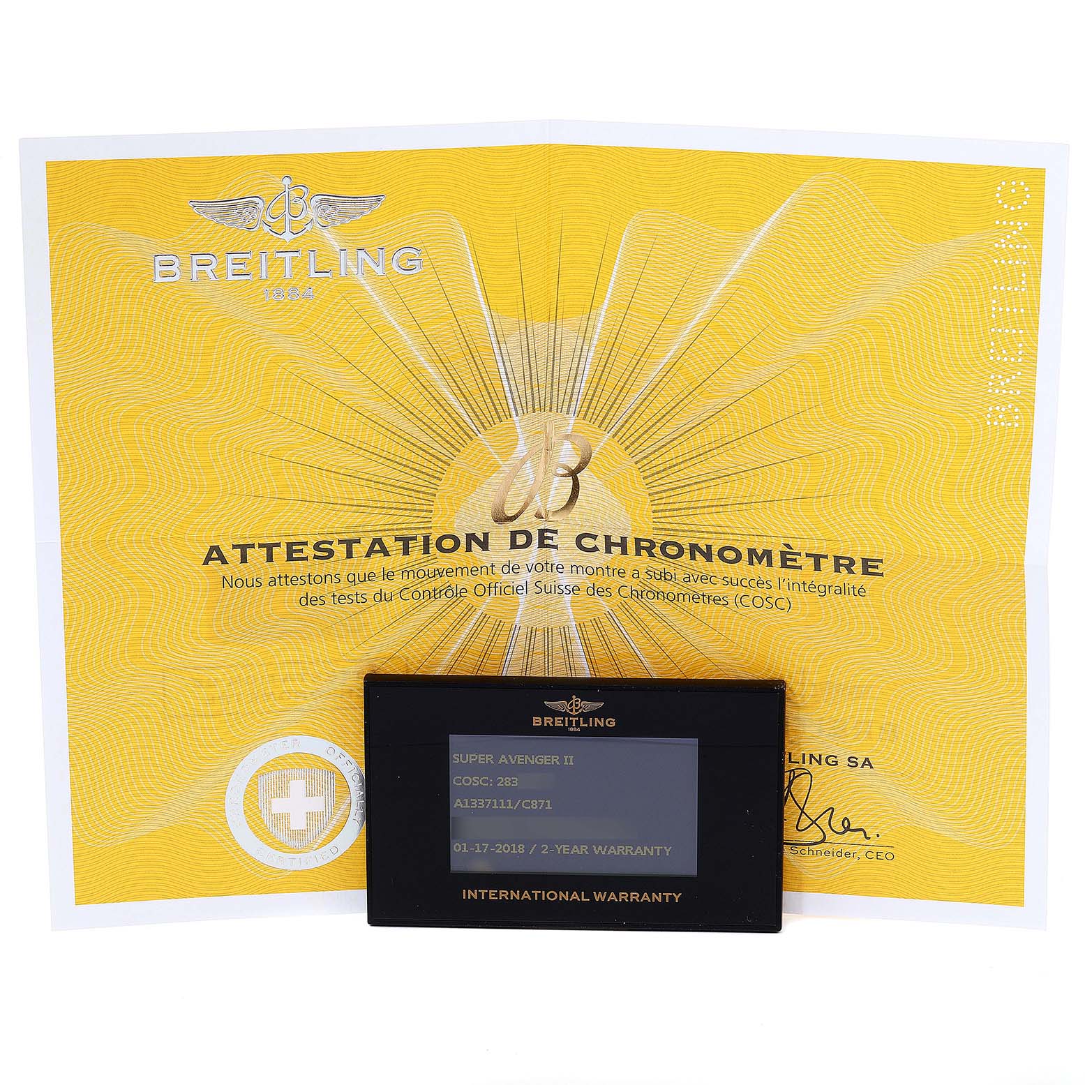 The image shows the certification and international warranty card for a Breitling Avenger A13371 Men's Stainless Steel Blue Dial A13371 Men's Stainless Steel Blue Dial model watch.