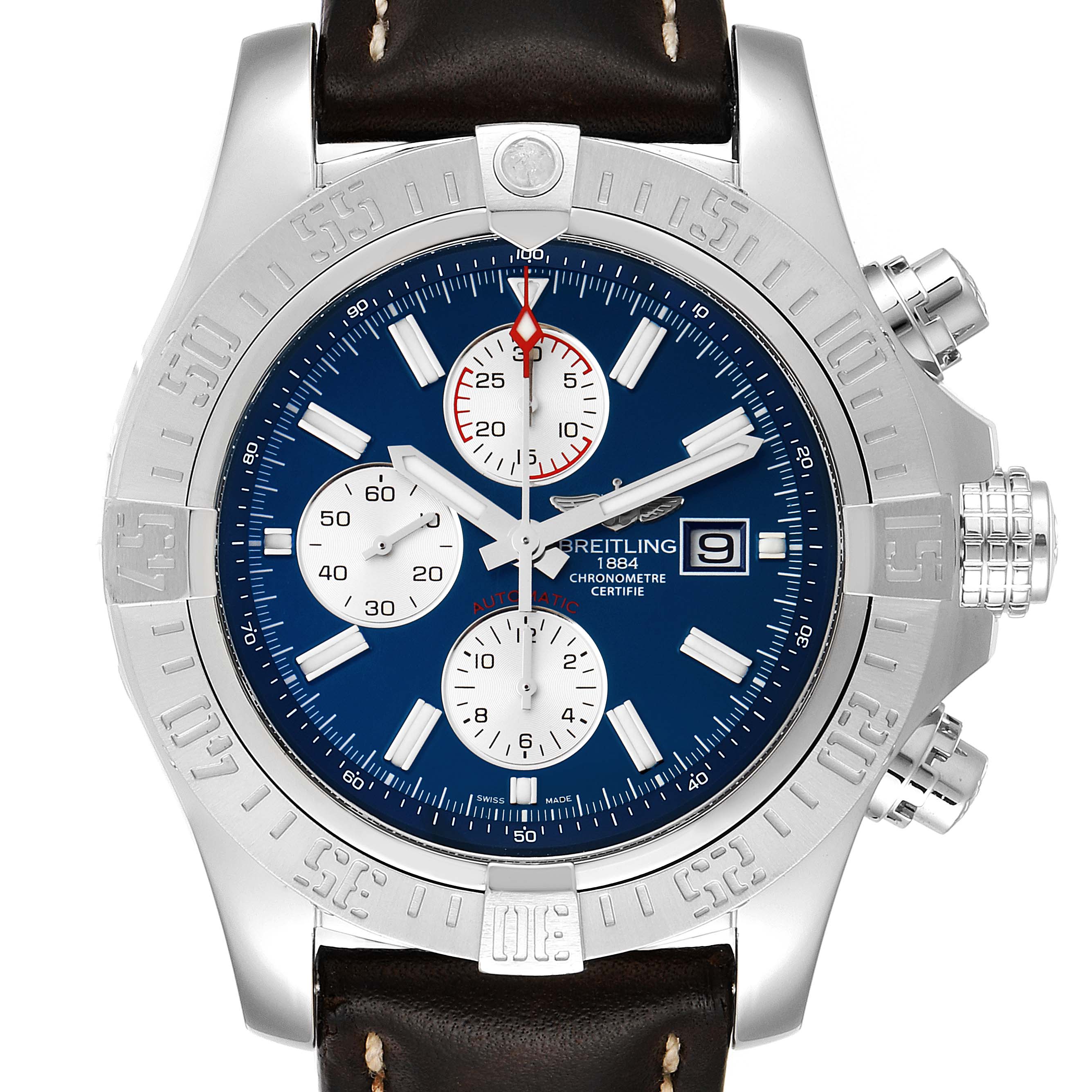 The image shows a front view of a Breitling Avenger A13371 Men's Stainless Steel Blue Dial A13371 Men's Stainless Steel Blue Dial watch, highlighting the dial, bezel, crown, and chronograph sub-dials.