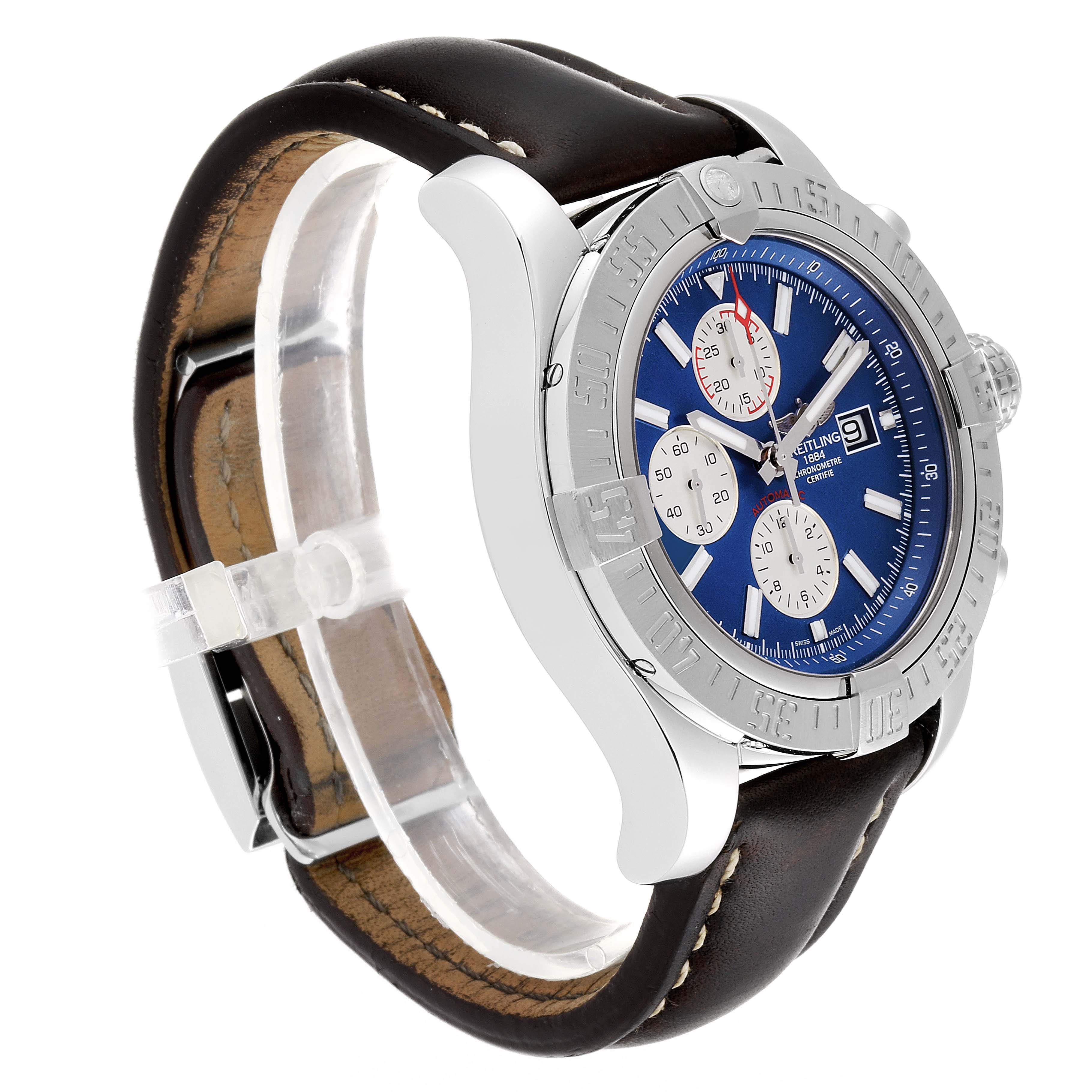 The Breitling Avenger A13371 Men's Stainless Steel Blue Dial A13371 Men's Stainless Steel Blue Dial watch is shown from a 3/4 angle, displaying its blue dial, silver bezel, and brown leather strap.