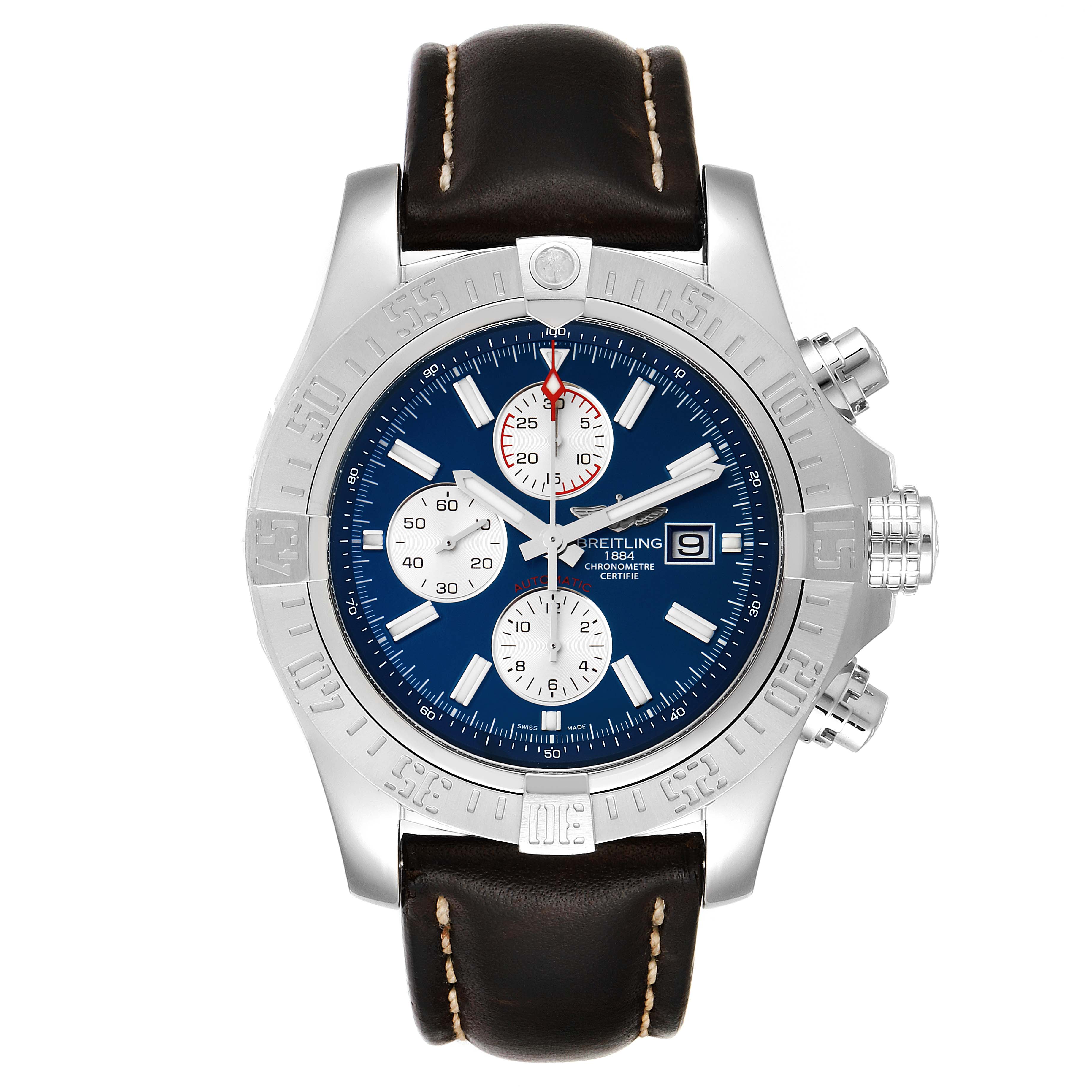 The image shows a front view of the Breitling Avenger A13371 Men's Stainless Steel Blue Dial A13371 Men's Stainless Steel Blue Dial watch, highlighting its blue dial, chronograph sub-dials, and leather strap.