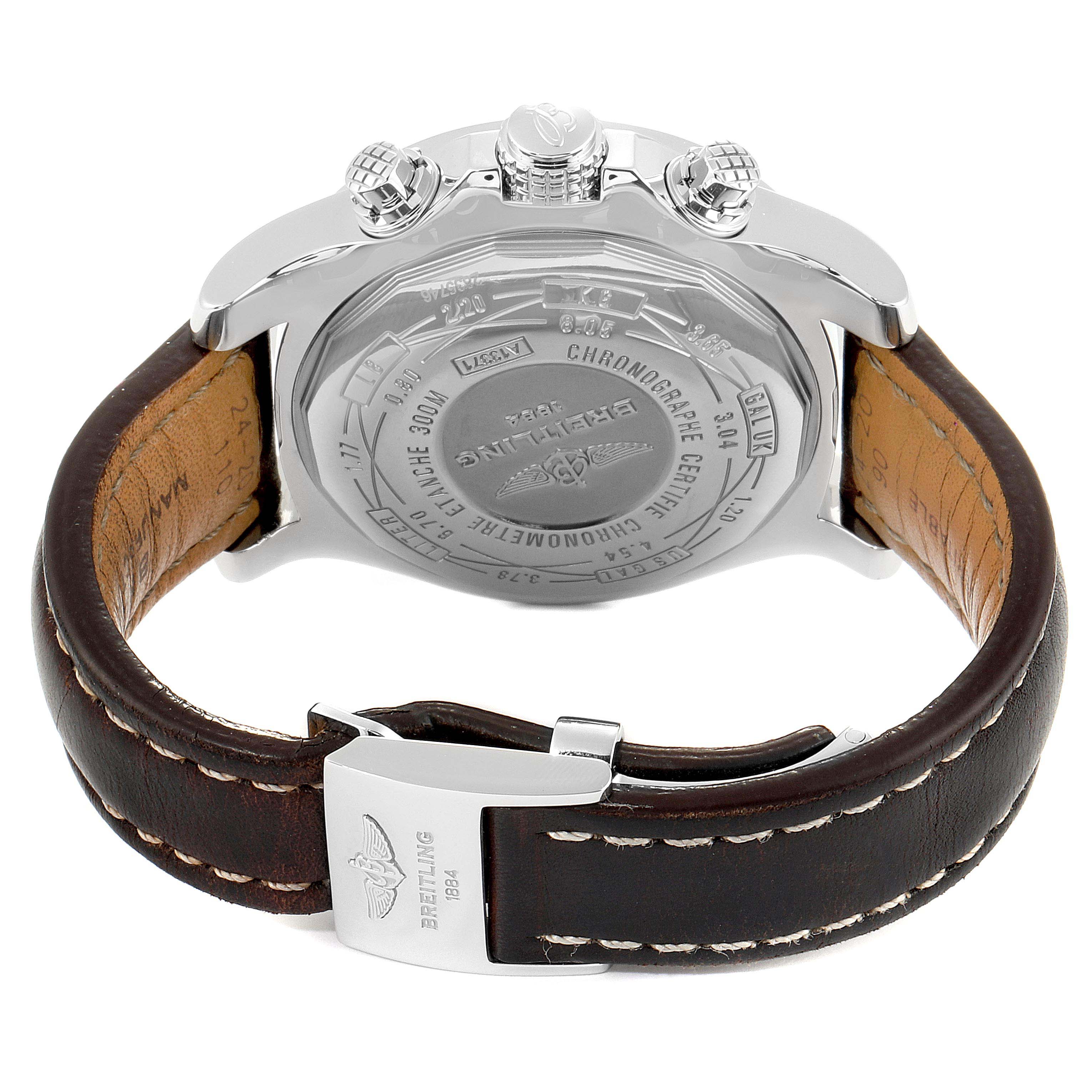 The image shows the back view of a Breitling Avenger A13371 Men's Stainless Steel Blue Dial A13371 Men's Stainless Steel Blue Dial watch, highlighting its case back, crown, and leather strap with a branded clasp.