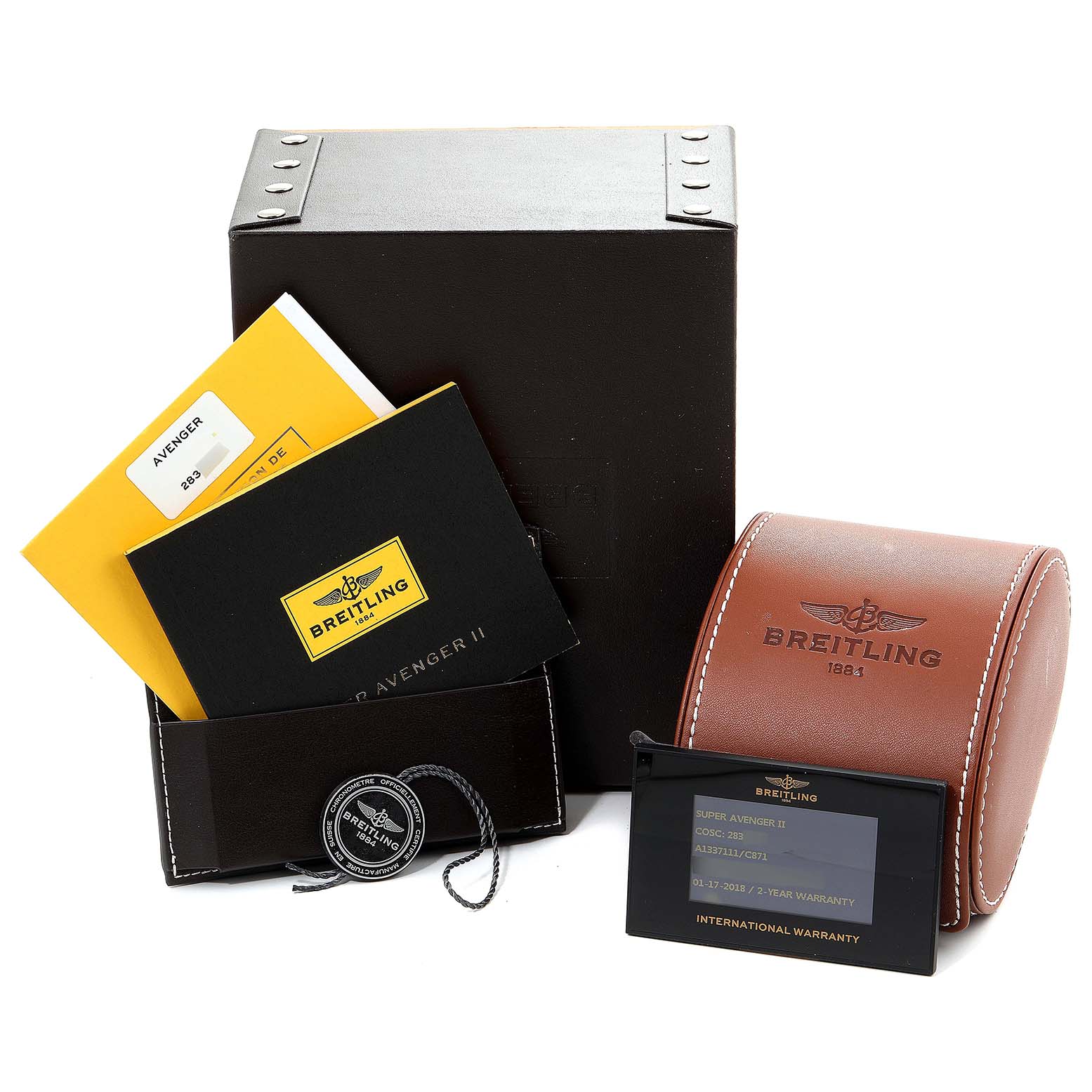 The image shows the packaging, documents, and accessories for a Breitling Avenger A13371 Men's Stainless Steel Blue Dial A13371 Men's Stainless Steel Blue Dial watch, including a leather case, warranty card, and manuals.