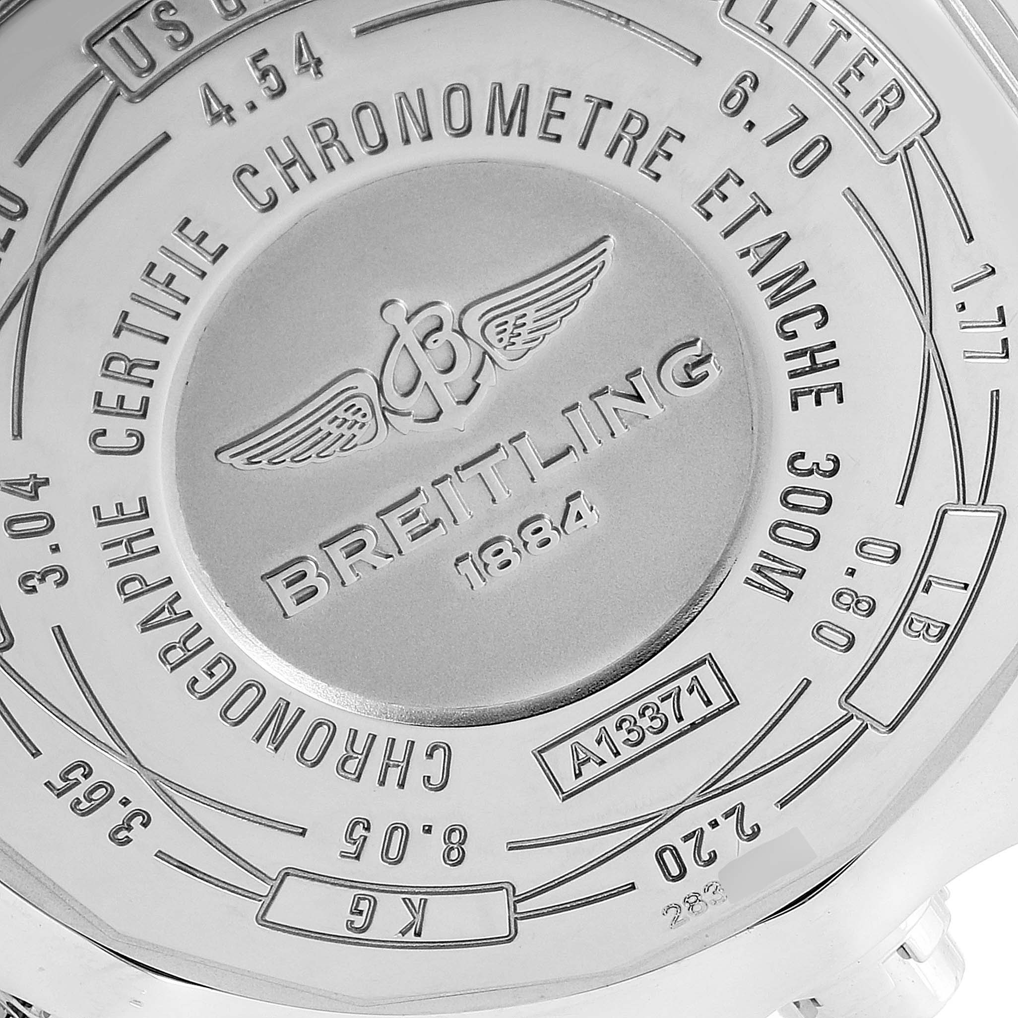 This is the case back of the Breitling Avenger A13371 Men's Stainless Steel Blue Dial A13371 Men's Stainless Steel Blue Dial watch, displaying its certifications and specifications.