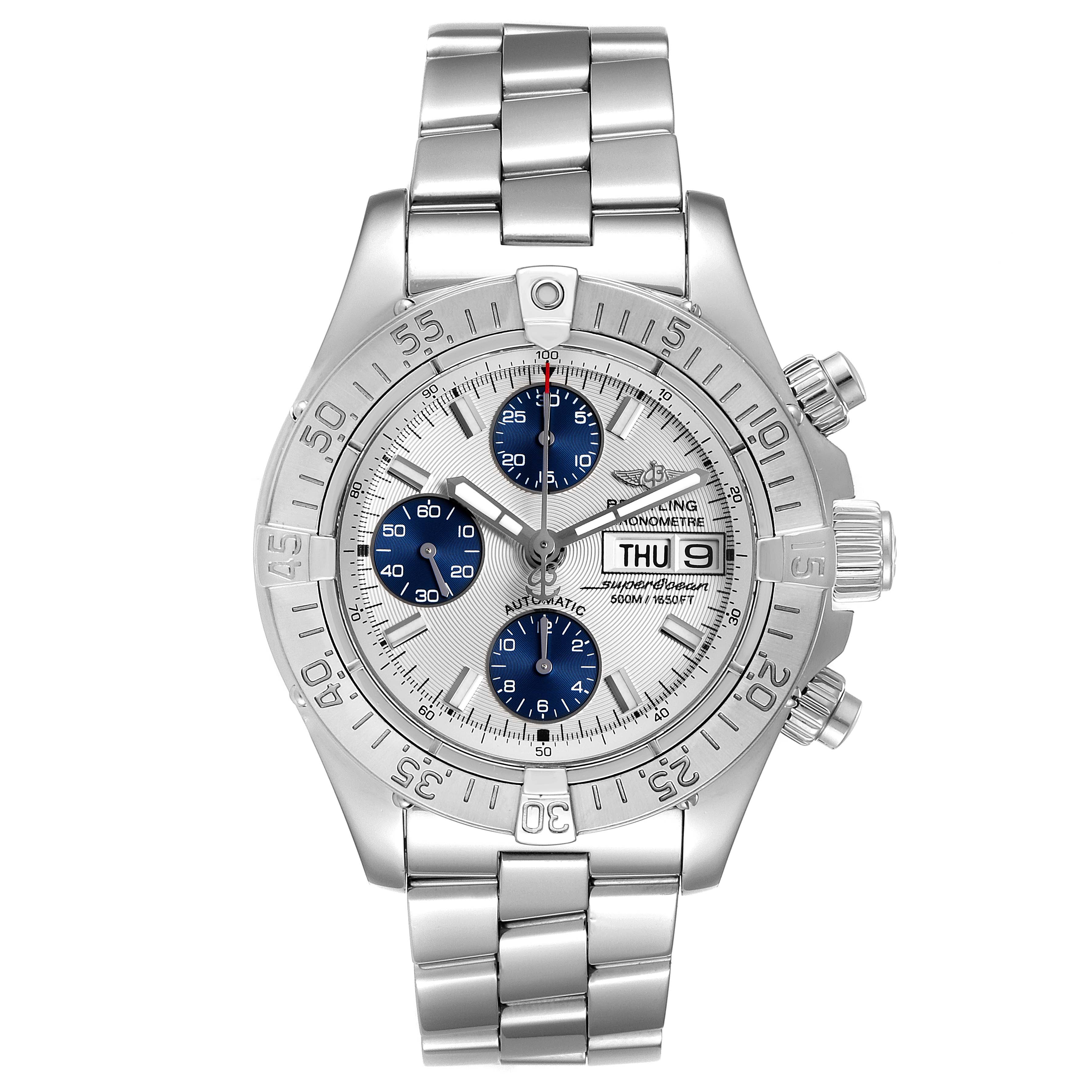 This image shows the front view of the Breitling Superocean A13340 Men's Stainless Steel Beige Dial A13340 Men's Stainless Steel Beige Dial watch, highlighting its silver and blue dial, stainless steel bracelet, and bezel.