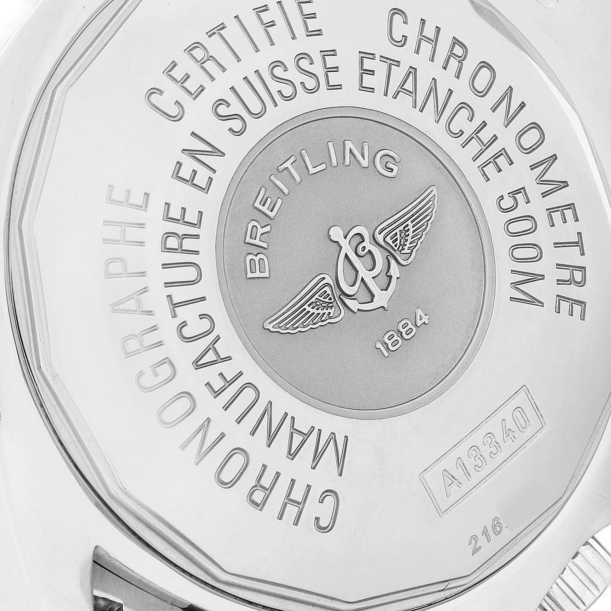 The image shows the engraved case back of the Breitling Superocean A13340 Men's Stainless Steel Beige Dial A13340 Men's Stainless Steel Beige Dial watch, displaying branding and certification details.