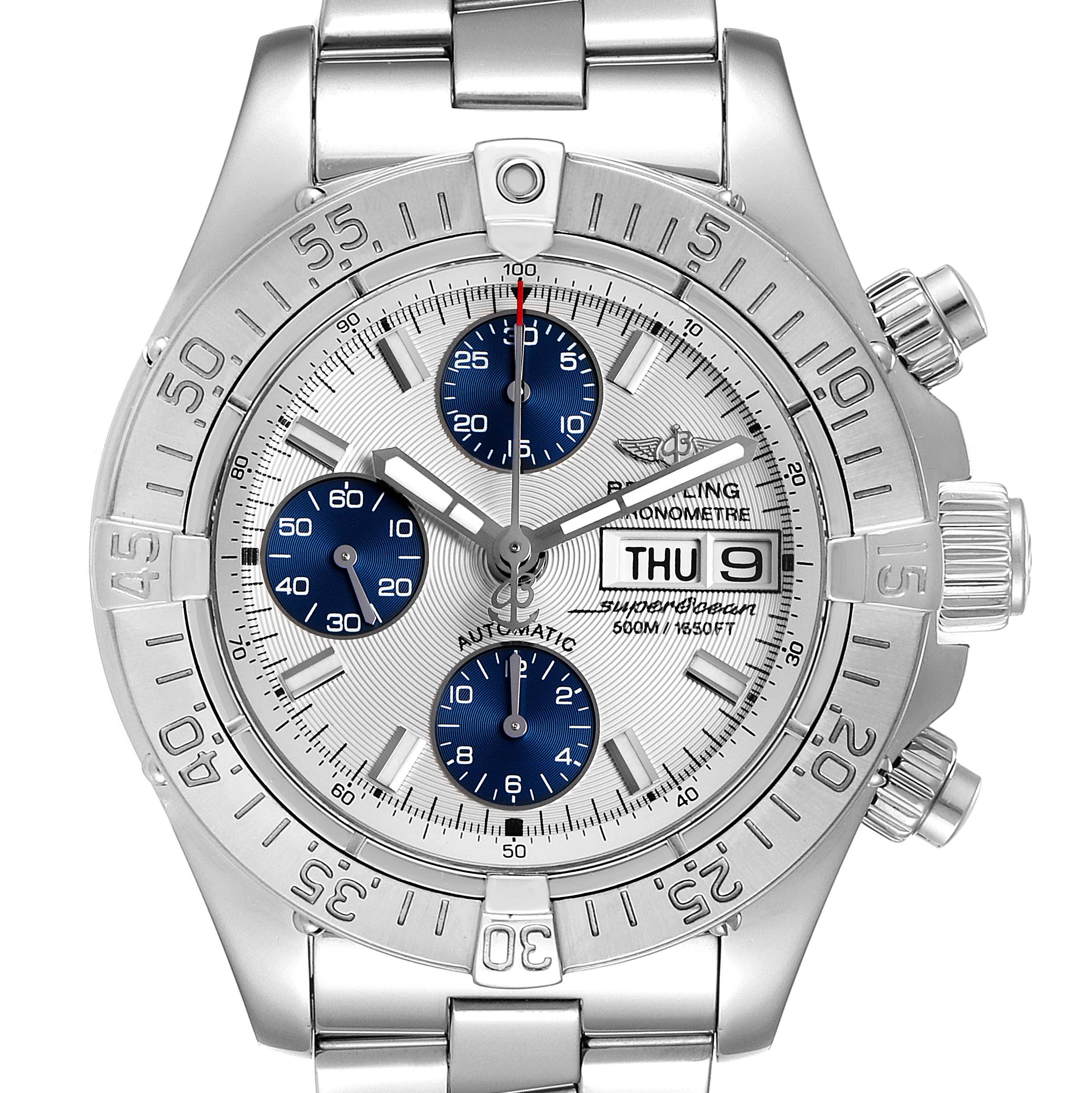 The Breitling Superocean A13340 Men's Stainless Steel Beige Dial A13340 Men's Stainless Steel Beige Dial watch is shown from a front angle, displaying its face, bezel, bracelet, and chronograph subdials.