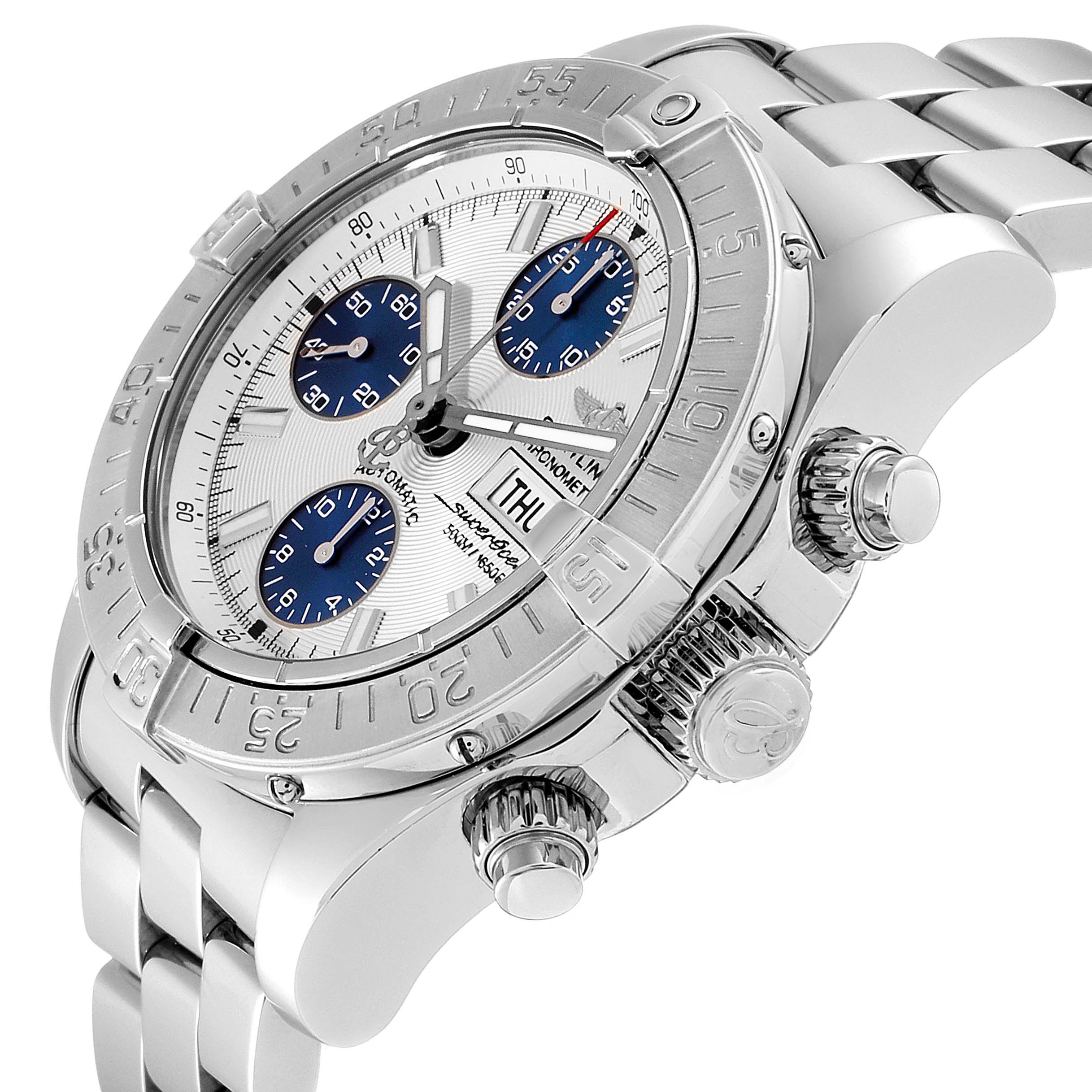 This image shows a Breitling Superocean A13340 Men's Stainless Steel Beige Dial A13340 Men's Stainless Steel Beige Dial watch at a three-quarter angle, highlighting the bezel, dial, chronograph, and bracelet.